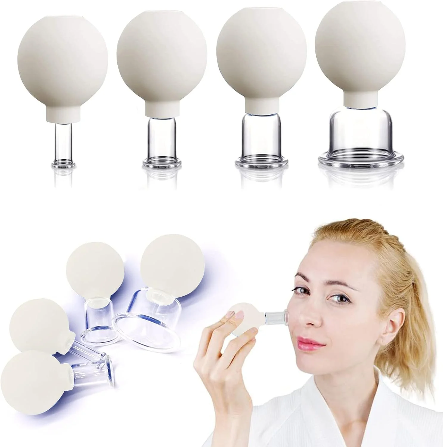 ست ۴ عددی لیوان حجامت صورت Vinban | مکش خلاء سیلیکونی | ماساژ درمانی حجامت | کیت ضد سلولیت، ضد چروک و جوانسازی فوری پوست | برای چشم، صورت و بدن (سفید)