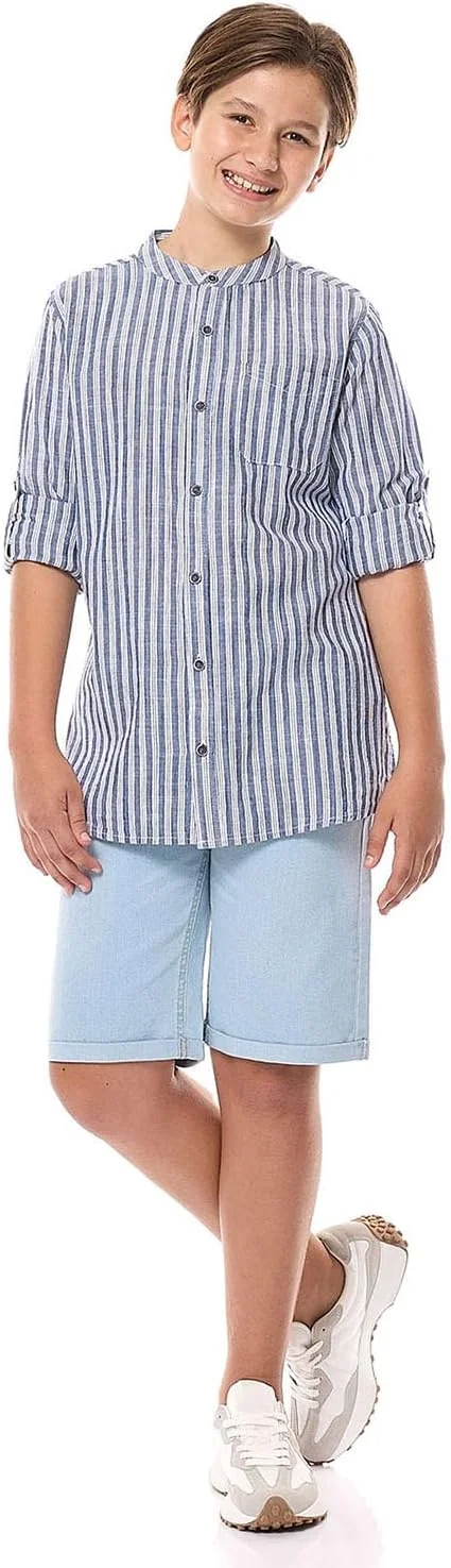 پیراهن راه راه پسرانه آر اند بی مدل 325-1345TB652-1 با یقه ماندارین و آستین بلند