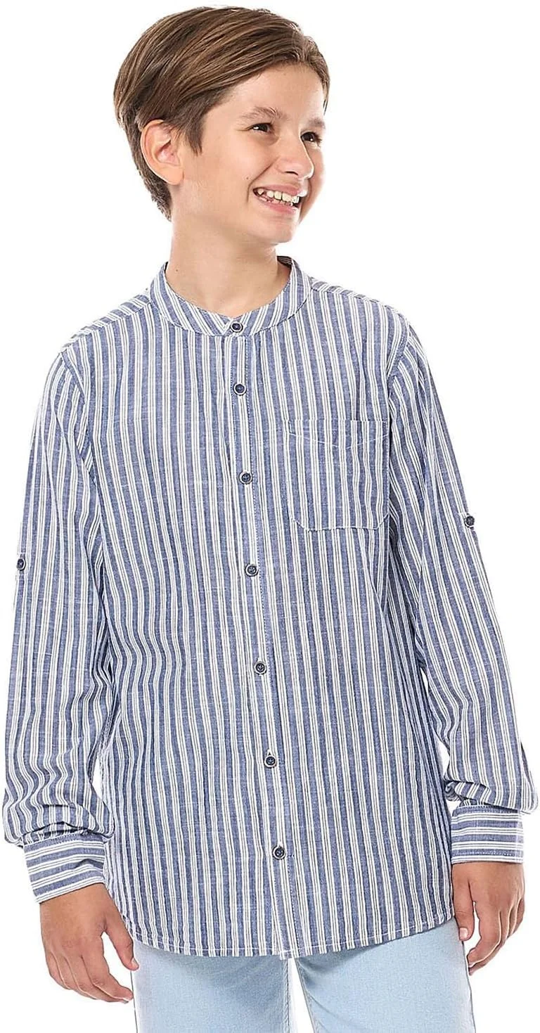 پیراهن راه راه پسرانه آر اند بی مدل 325-1345TB652-1 با یقه ماندارین و آستین بلند