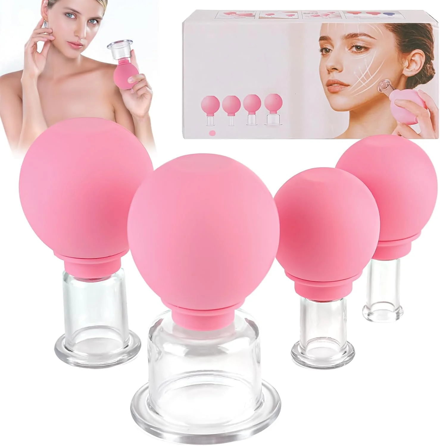 مجموعه ۴ عددی لیوان حجامت با توپ مکش سیلیکونی YYTECH، ماساژ خلاء صورت، سم زدایی، ضد تنش، چین و چروک و سلولیت، برای هر ناحیه از بدن