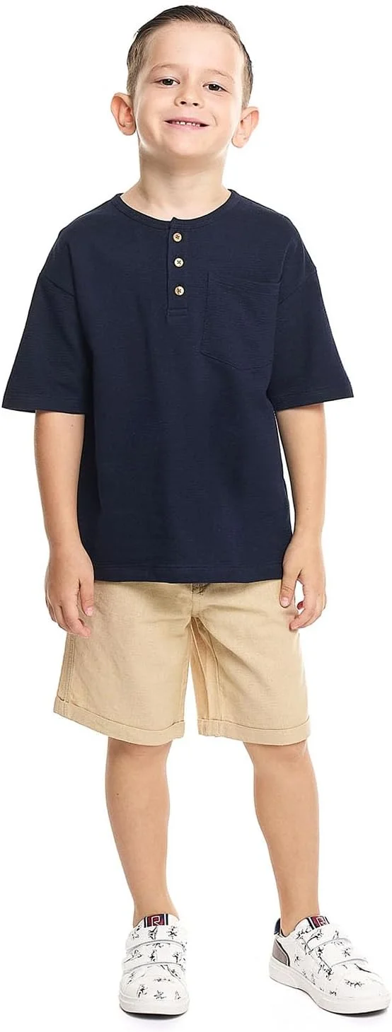 شلوارک کتان پسرانه ساده آر اند بی مدل 125-1345KB404-2 با دکمه