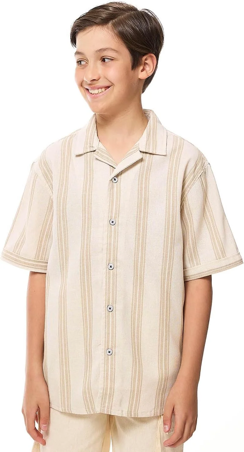 پیراهن راه راه پسرانه آر اند بی مدل 125-1071TB702-1 با یقه برگردان و آستین کوتاه