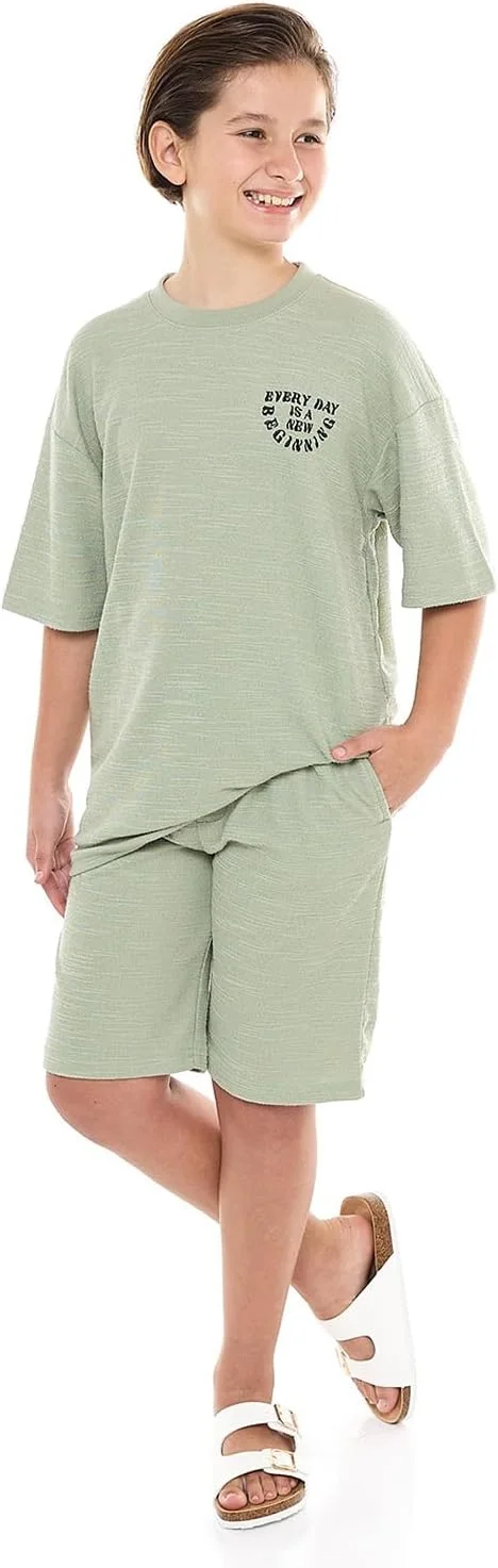 ست تی‌شرت بافت‌دار و شلوارک پسرانه آر اند بی مدل 125-0509Tb022-2