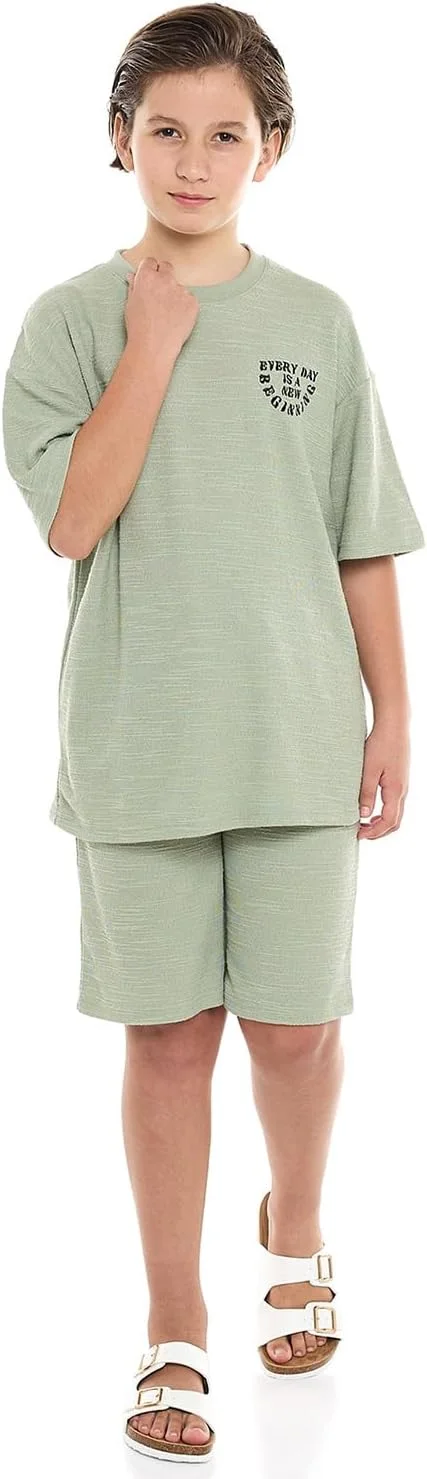 ست تی‌شرت بافت‌دار و شلوارک پسرانه آر اند بی مدل 125-0509Tb022-2