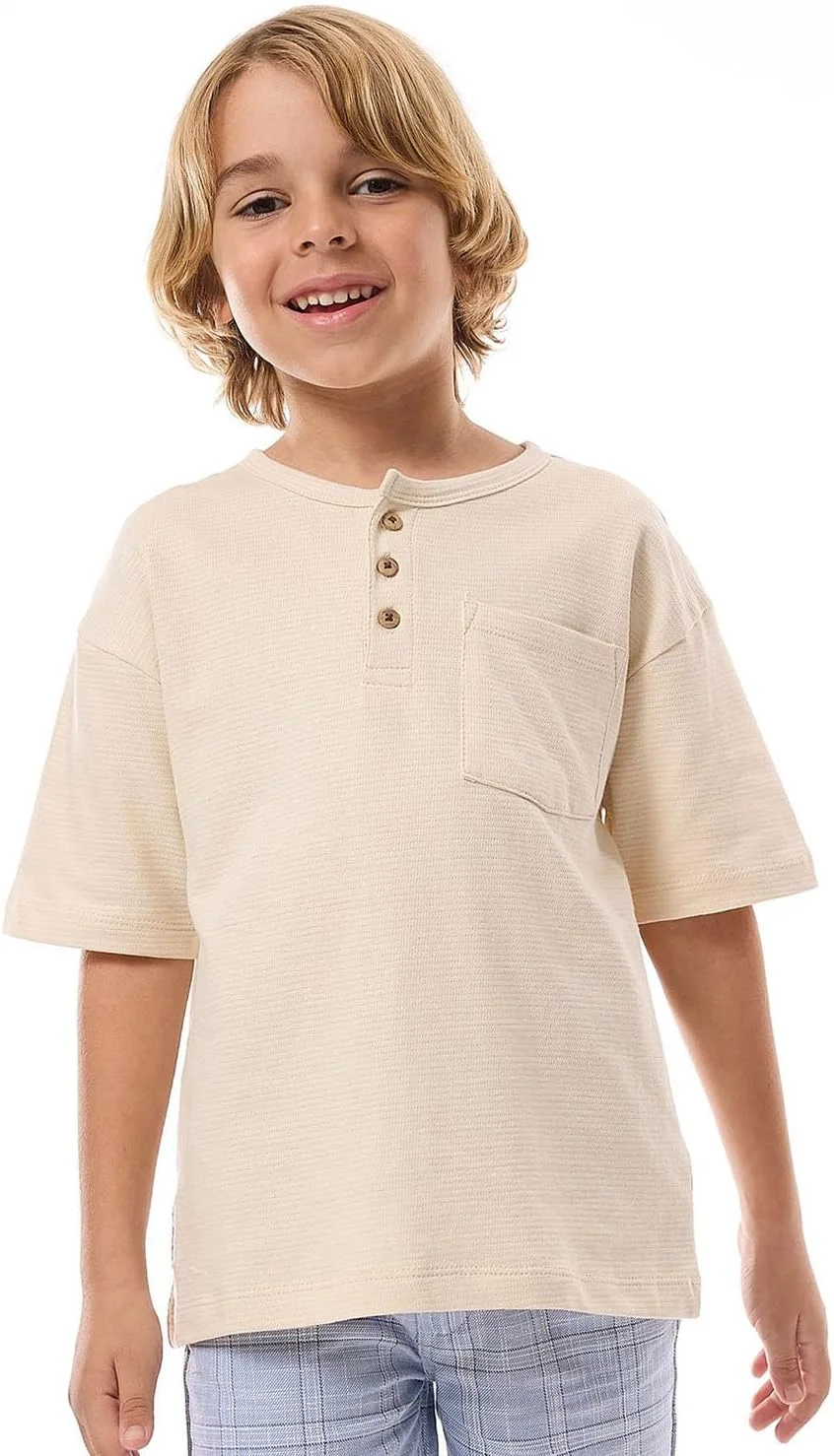 تی شرت بافت دار پسرانه R&B مدل 125-0777KB058-6 با یقه هنلی و آستین کوتاه