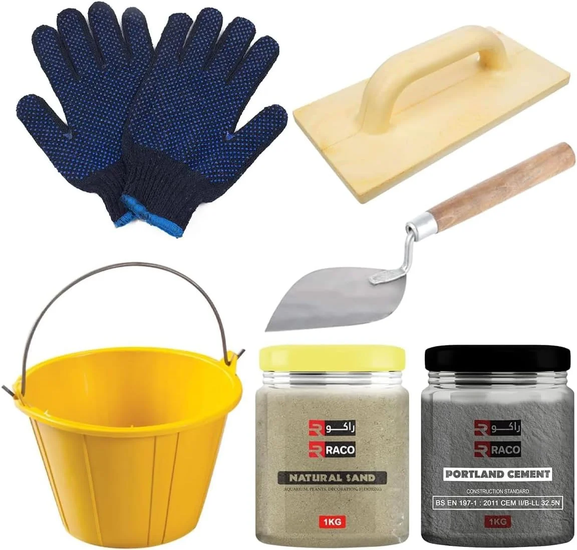 کیت ۱ کیلوگرمی ماسه و سیمان RACO به همراه سطل پلاستیکی PVC، گورمالا و دستکش ایمنی برای مصارف خانگی و پروژه‌های خودتان انجام دهید
