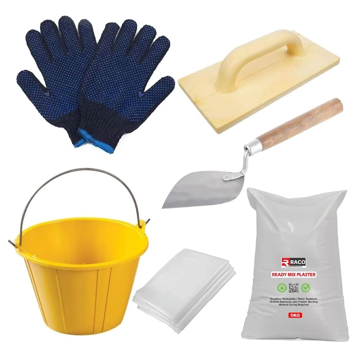 کیت پلاستر آماده مصرف RACO | ملات سیمان فوری با سطل PVC، گورمالا، دستکش و ورق پلی اتیلن | پرکننده ترک برای دیوارها، کف و سقف (5 کیلوگرم)