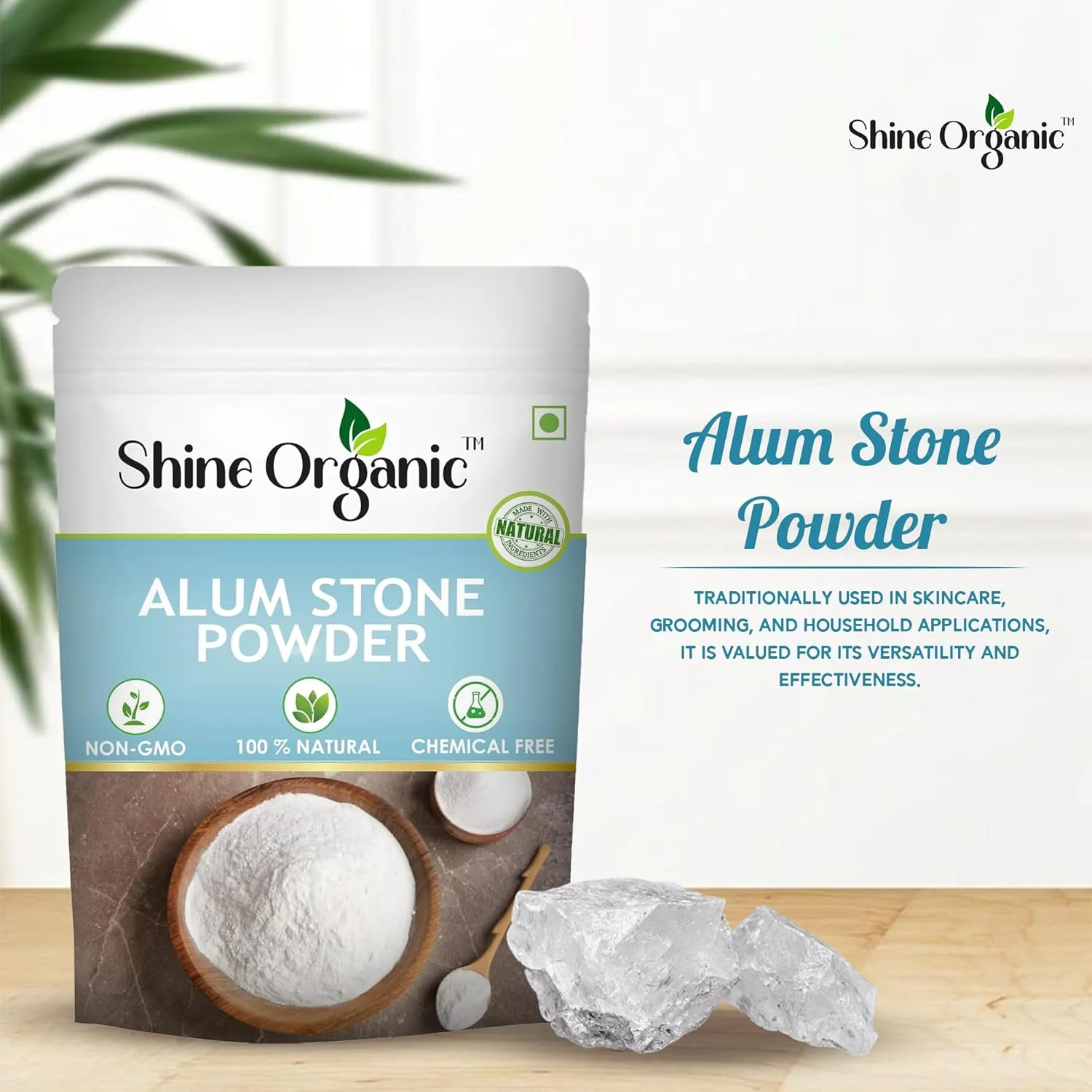 پودر سنگ آلوم خالص ارگانیک شاین برای صورت، پوست، اصلاح، دندان و تصفیه آب | پودر فیتکری | پودر سنگ آلوم فیتکری (100 گرم)