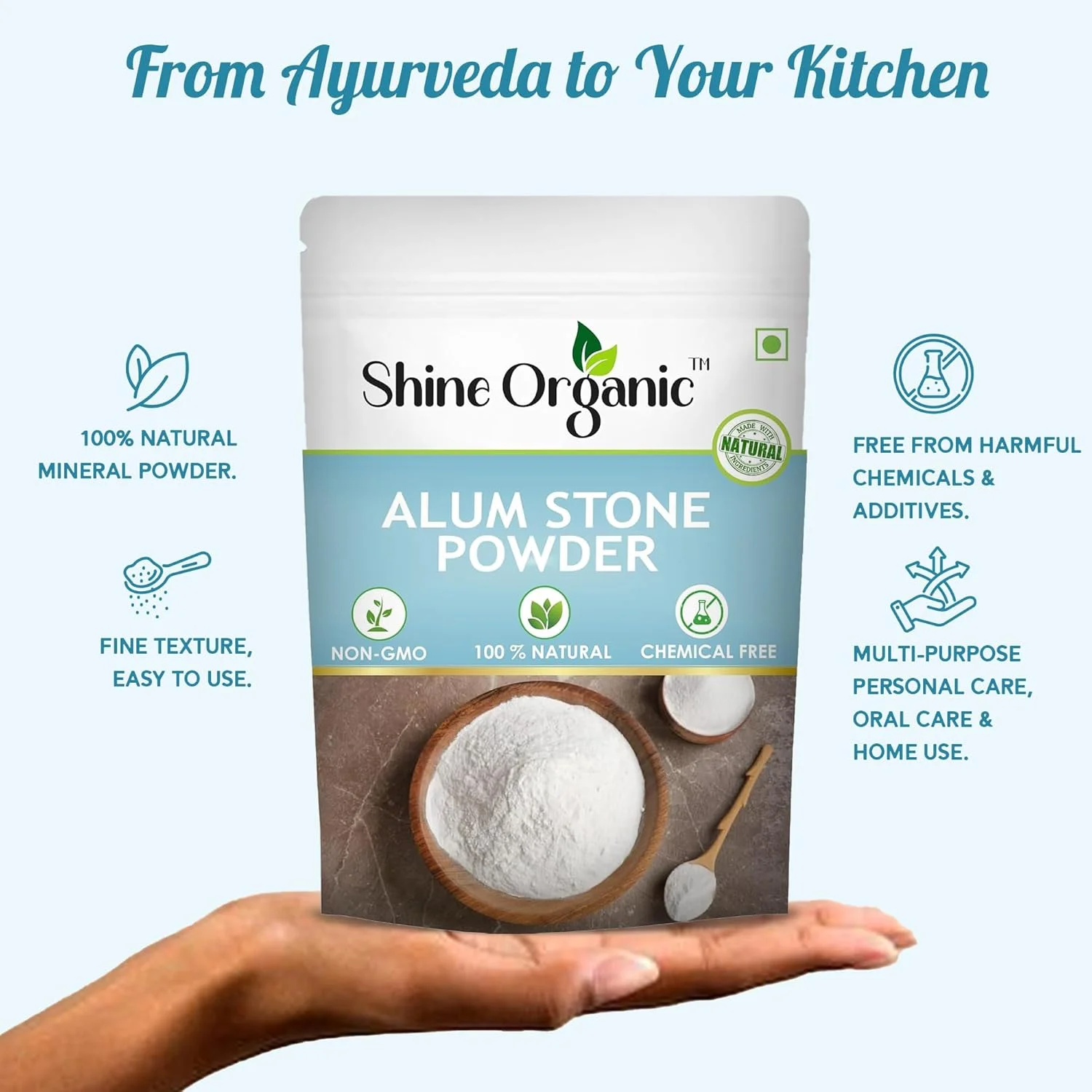 پودر سنگ آلوم خالص ارگانیک شاین برای صورت، پوست، اصلاح، دندان و تصفیه آب | پودر فیتکری | پودر سنگ آلوم فیتکری (100 گرم)