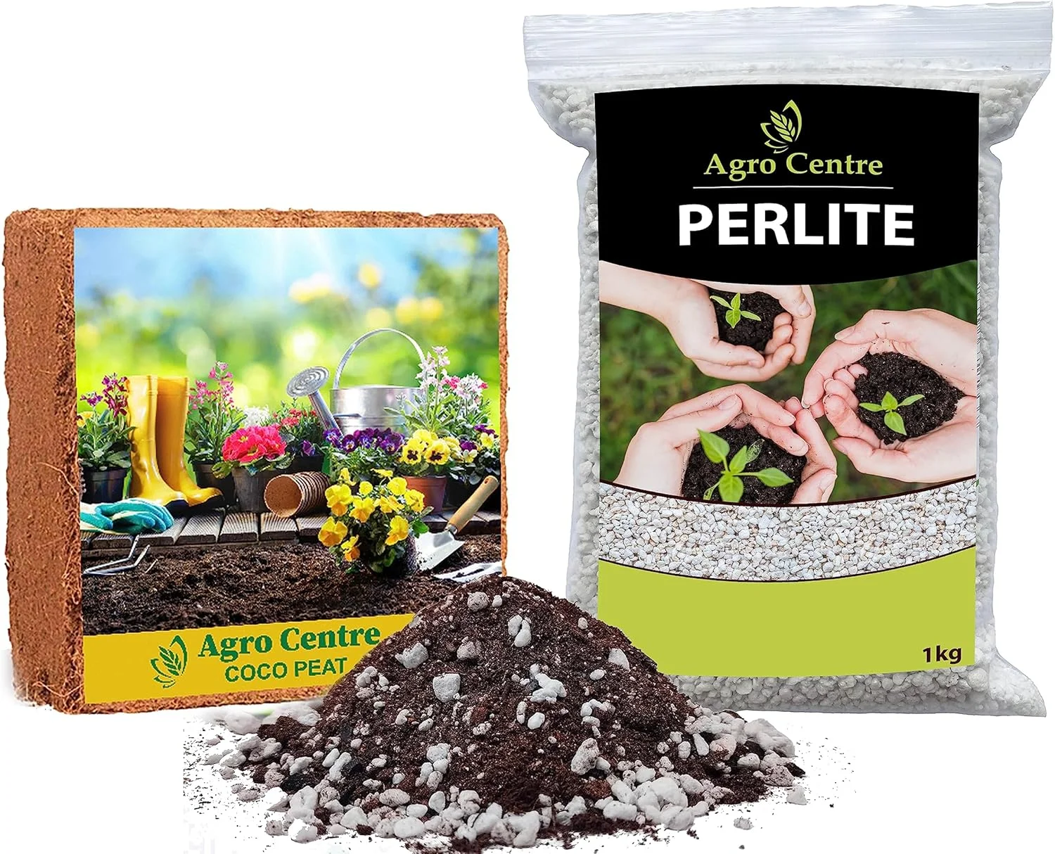 آگرو سنتر | مواد اولیه مخلوط گلدانی درجه یک | کوکوپیت یک کیلوگرمی + پرلیت 10 لیتری / ساخت امارات متحده عربی / بهترین انتخاب باغبانان / صرفه جویی در آب