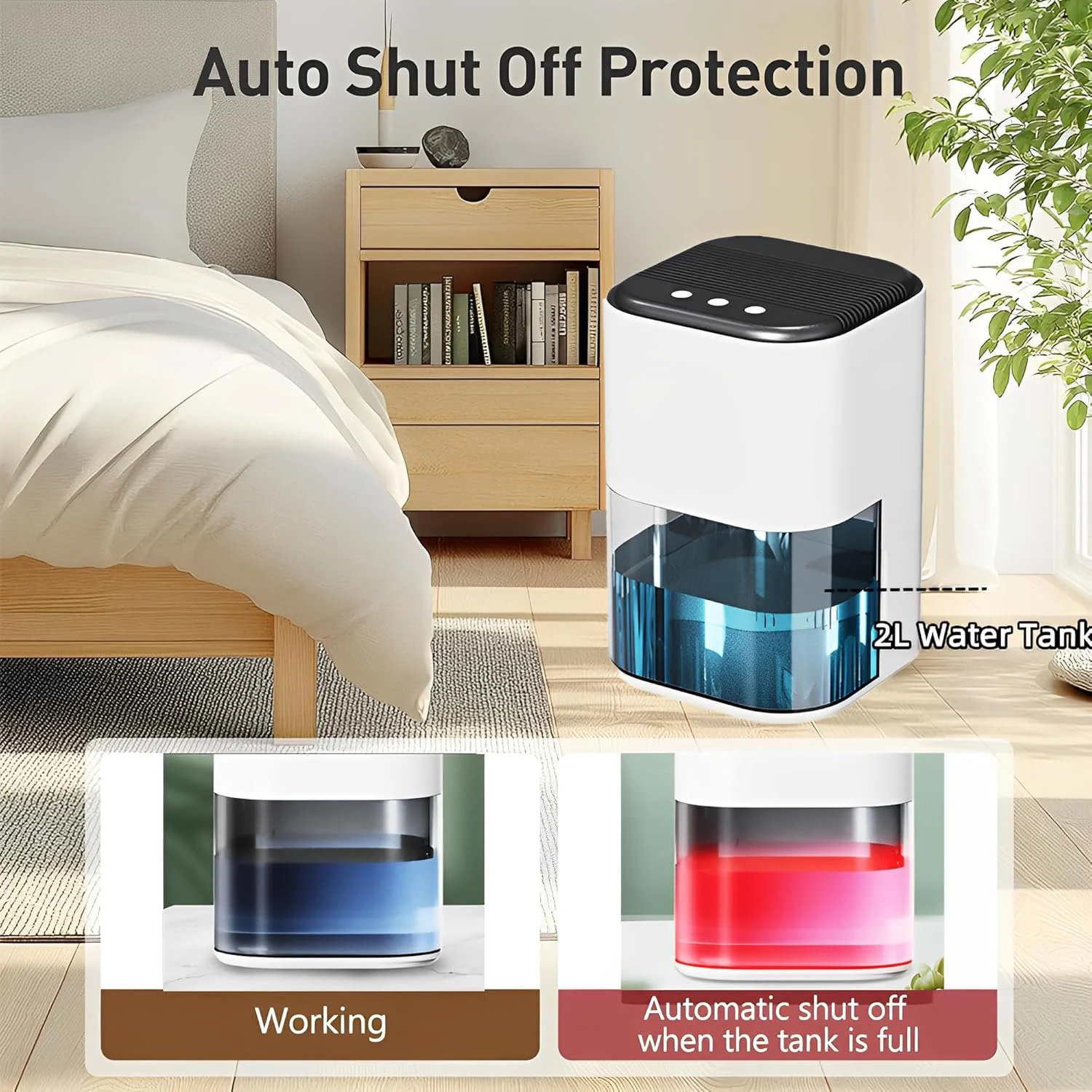 دستگاه رطوبت گیر خانگی Beauenty، مخزن آب 2 لیتری، رطوبت گیر بی صدا، رطوبت گیر هوای قابل حمل و جمع و جور با نور LED 7 رنگ خاموش شدن خودکار برای اتاق خواب، حمام، RV، کمد