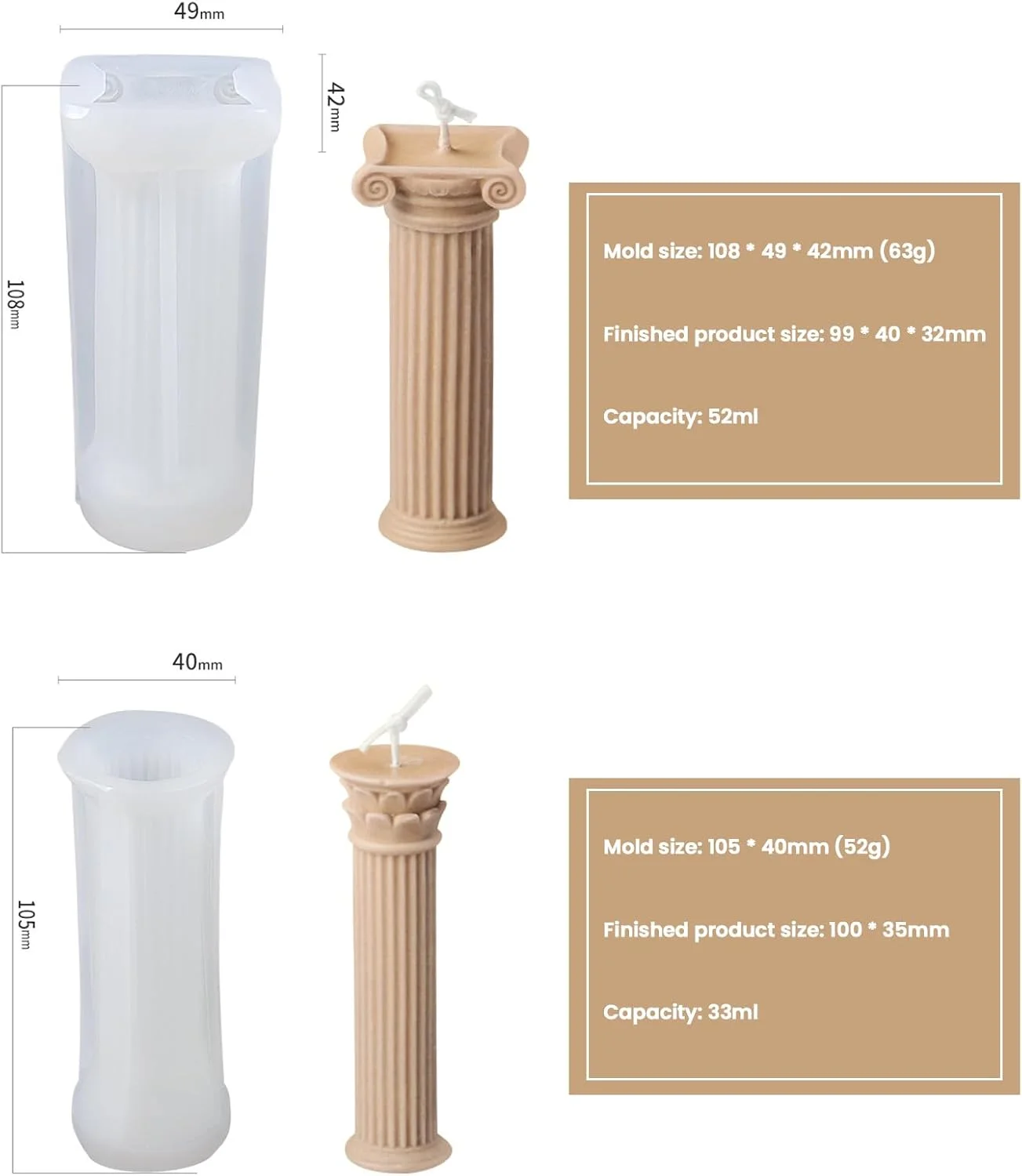 قالب شمع ستونی رومی سه بعدی Wisfunlly، مجموعه 2 عددی قالب سیلیکونی شمع استوانه ای شکل راه راه، قالب ستون های یونانی باستانی سه بعدی برای شمع های دست ساز DIY، صنایع دستی گچ بتنی