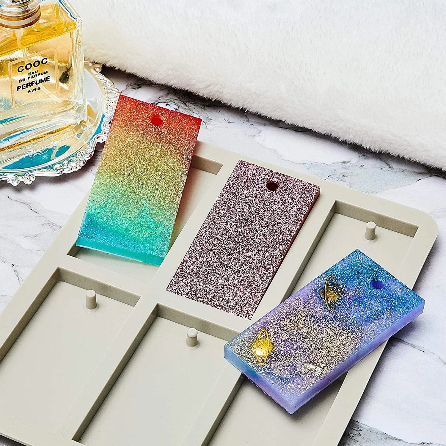 آزون، 3 عدد قالب موم سیلیکونی مستطیلی، قالب رزین سیلیکونی، قالب موم جاکلیدی مستطیلی، قالب ریخته گری اپوکسی با سوراخ آویز برای ساخت جواهرات DIY، آویز، صنایع دستی، دکور