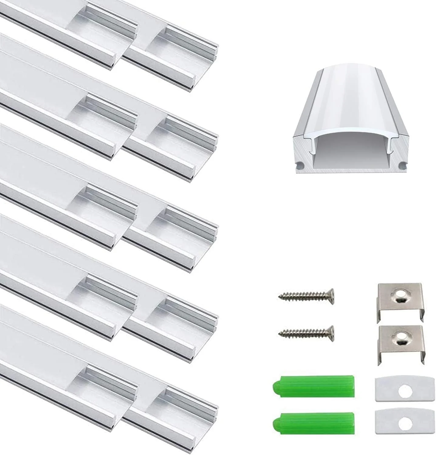 سیستم کانال آلومینیومی LED inShareplus، 1 متر، بسته 10 عددی، نقره ای، شکل U با پوشش سفید شیری، درپوش انتهایی و گیره های نصب، پروفیل آلومینیومی برای نصب چراغ نوار LED