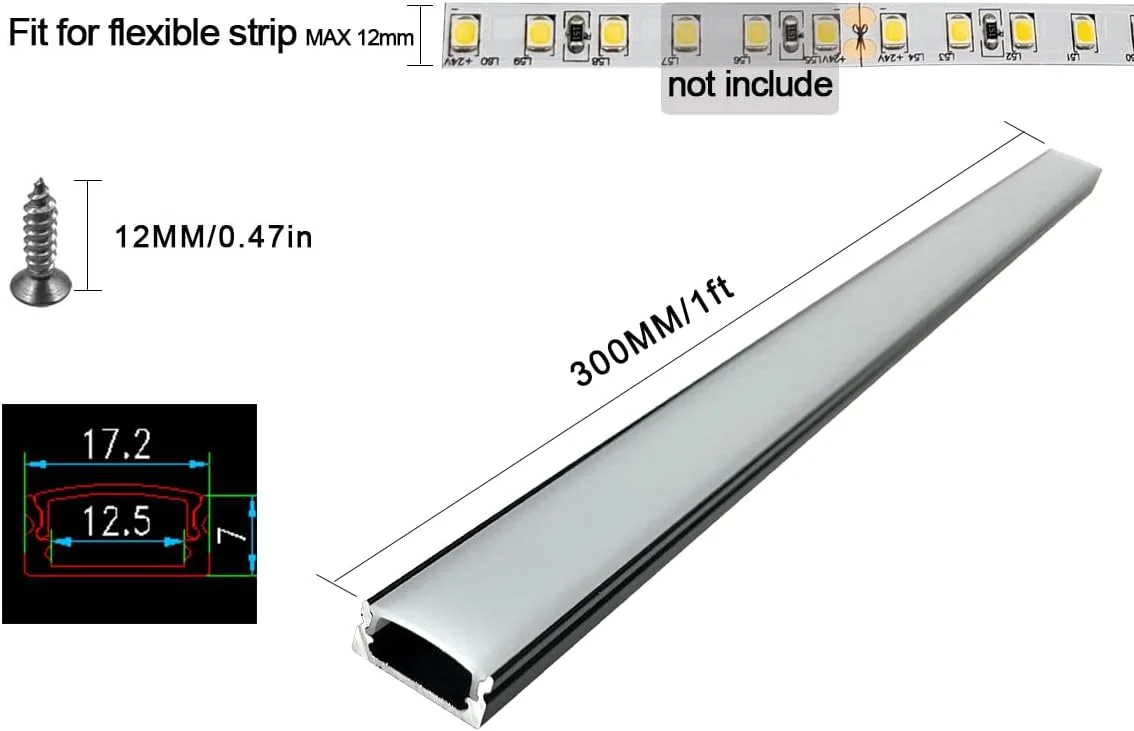 پک 6 عددی کانال LED آلومینیومی مشکی 30 سانتی متری با روکش سفید شیری، شکل U، اندازه 17.2x7 میلی متر، مسیر نور نوار LED با درپوش های انتهایی و لوازم جانبی گیره های نصب، پروفیل آلومینیومی برای چراغ های نوار LED - تصویر 2