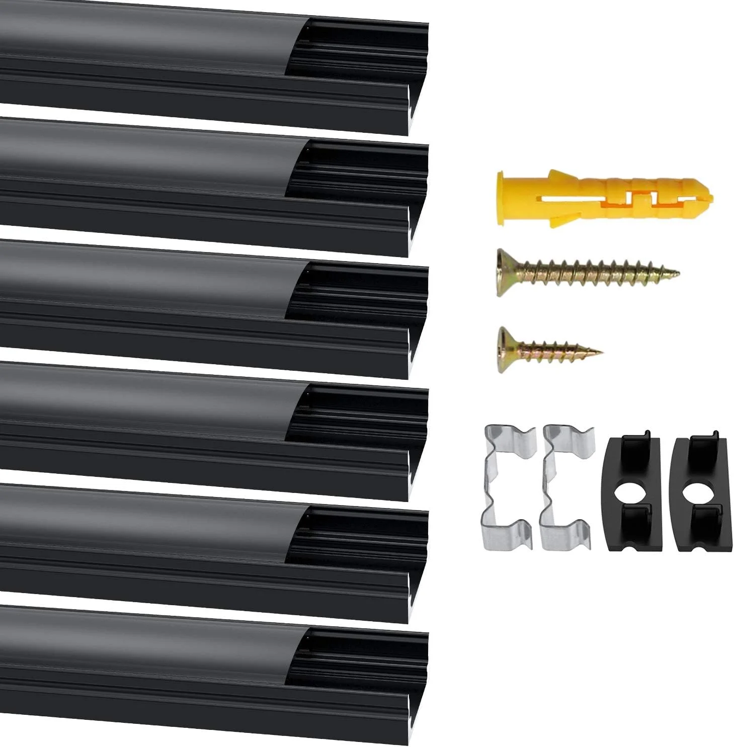 پروفیل آلومینیومی LED Jirvyuk، دیفیوزر LED یک متری/3.3 فوتی، کانال پروفیل LED برای چراغ های نواری LED با پوشش مشکی داخلی، درپوش های انتهایی و گیره های نصب فلزی (شکل U)(6 متر)