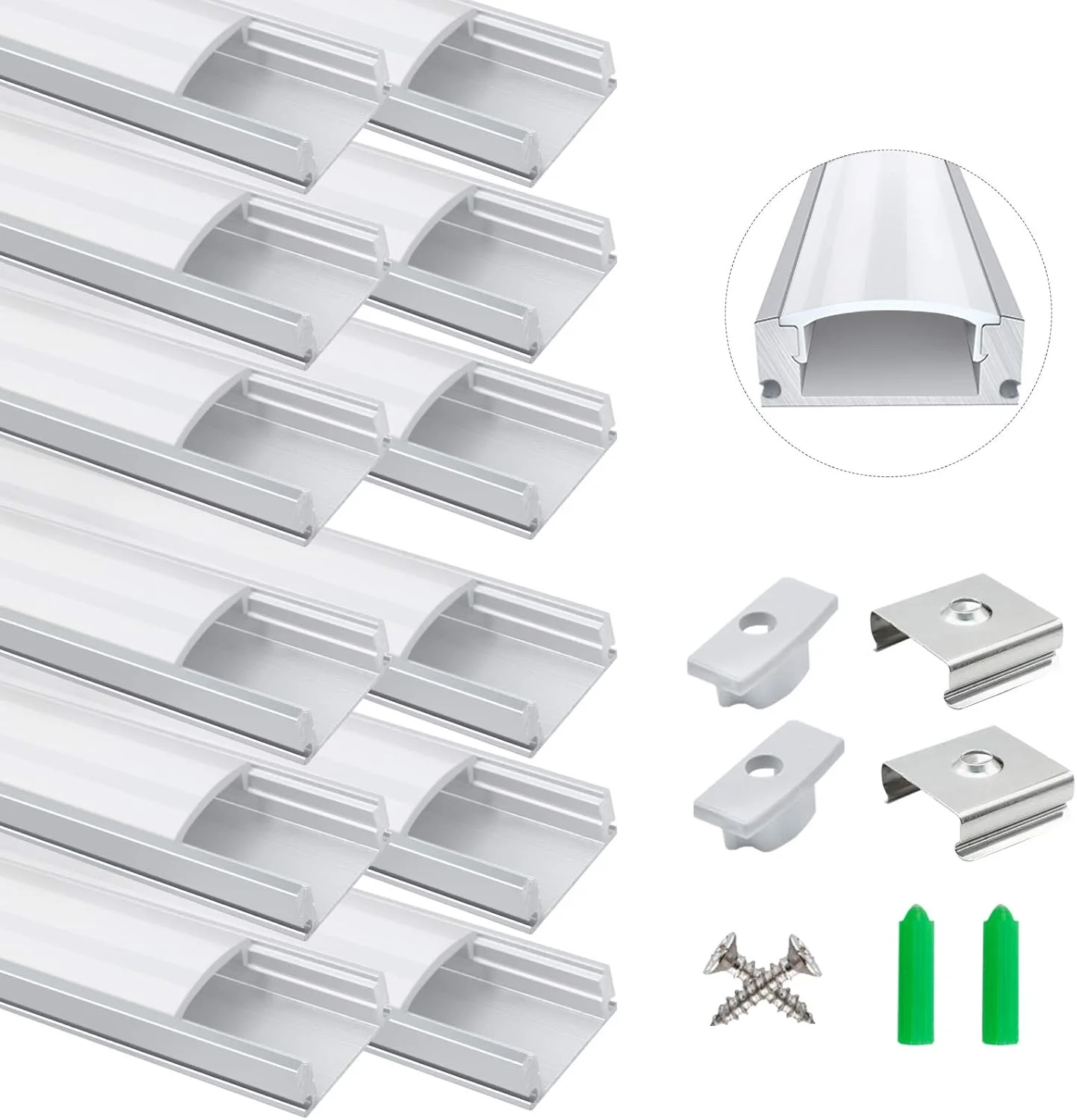 پروفیل آلومینیومی LightingWill، کانال نقره‌ای U شکل 1 متری با پخش‌کننده نور سفید شیری، درپوش انتهایی و گیره‌های نصب برای نوارهای LED مدل U02