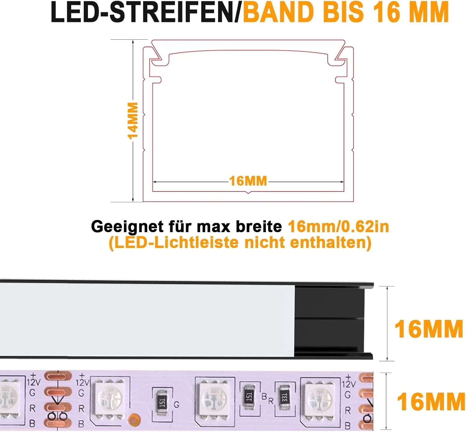 پک پروفیل LED، ۱۰ عدد ۱ متری، آلومینیوم حرفه ای LED برای نوارهای LED، پروفیل LED U شکل برای کانال/ریل LED، برای نوارهای نوری تا ۱۶ میلی متر، برای سقف، ویترین