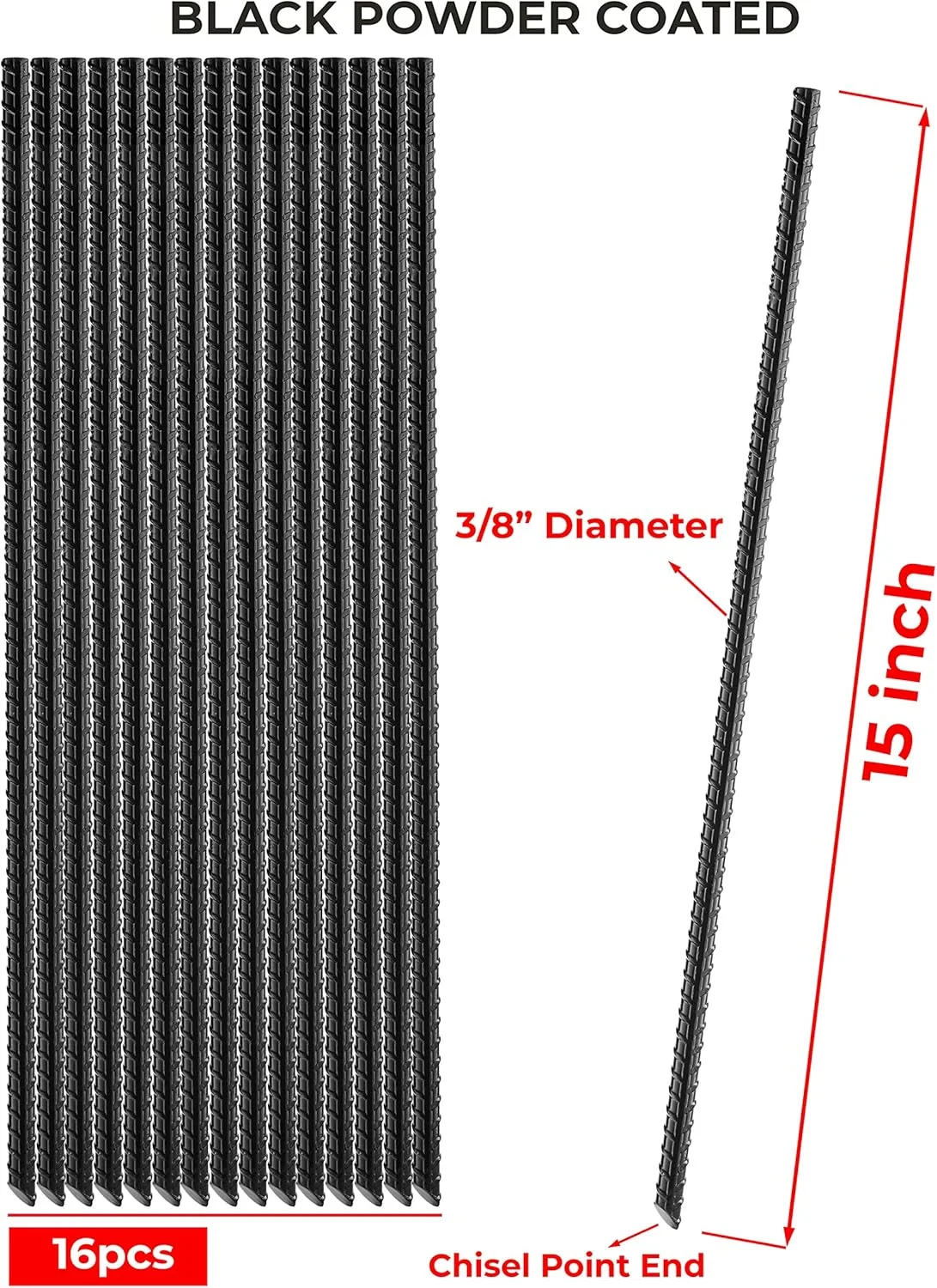 میخ های زمینی میلگرد NHZ سایز 15 اینچ (16 عددی)، لنگرهای زمینی قلاب دار سنگین، میخ نگهدارنده گیاه فولادی با نوک تیز، مناسب برای چکش کاری در خاک سخت برای چادر کمپینگ - پوشش پودری مشکی (16 عدد)