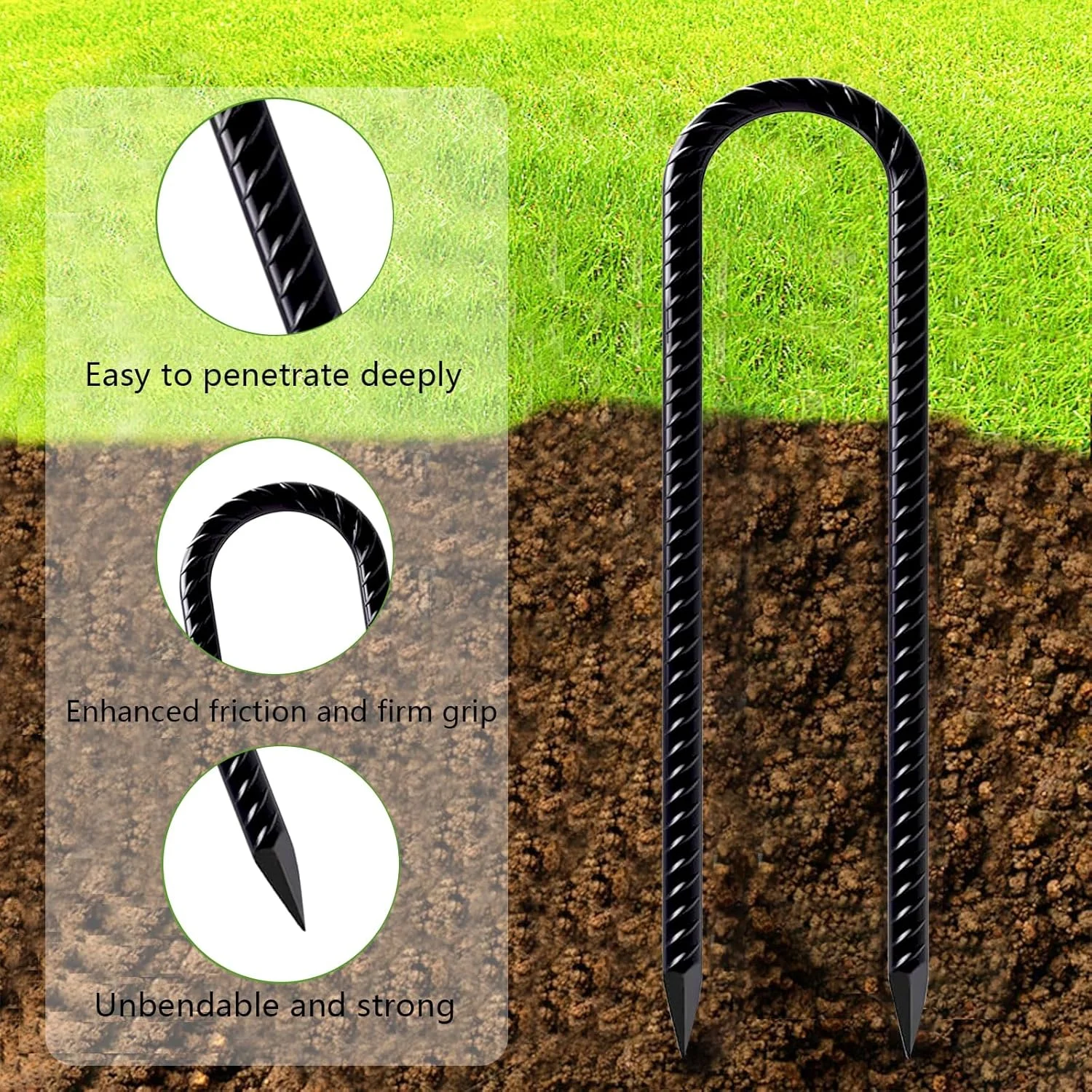 ۶ عدد میخ چادر زمینی میلگردی ۳۰ سانتی متری با روکش گالوانیزه، میخ های چادر، لنگر زمینی، میخ های زمینی، میخ چادر، لنگر ساختمانی، U شکل برای حصار، چادر، سایبان، تاب، ترامپولین - مشکی