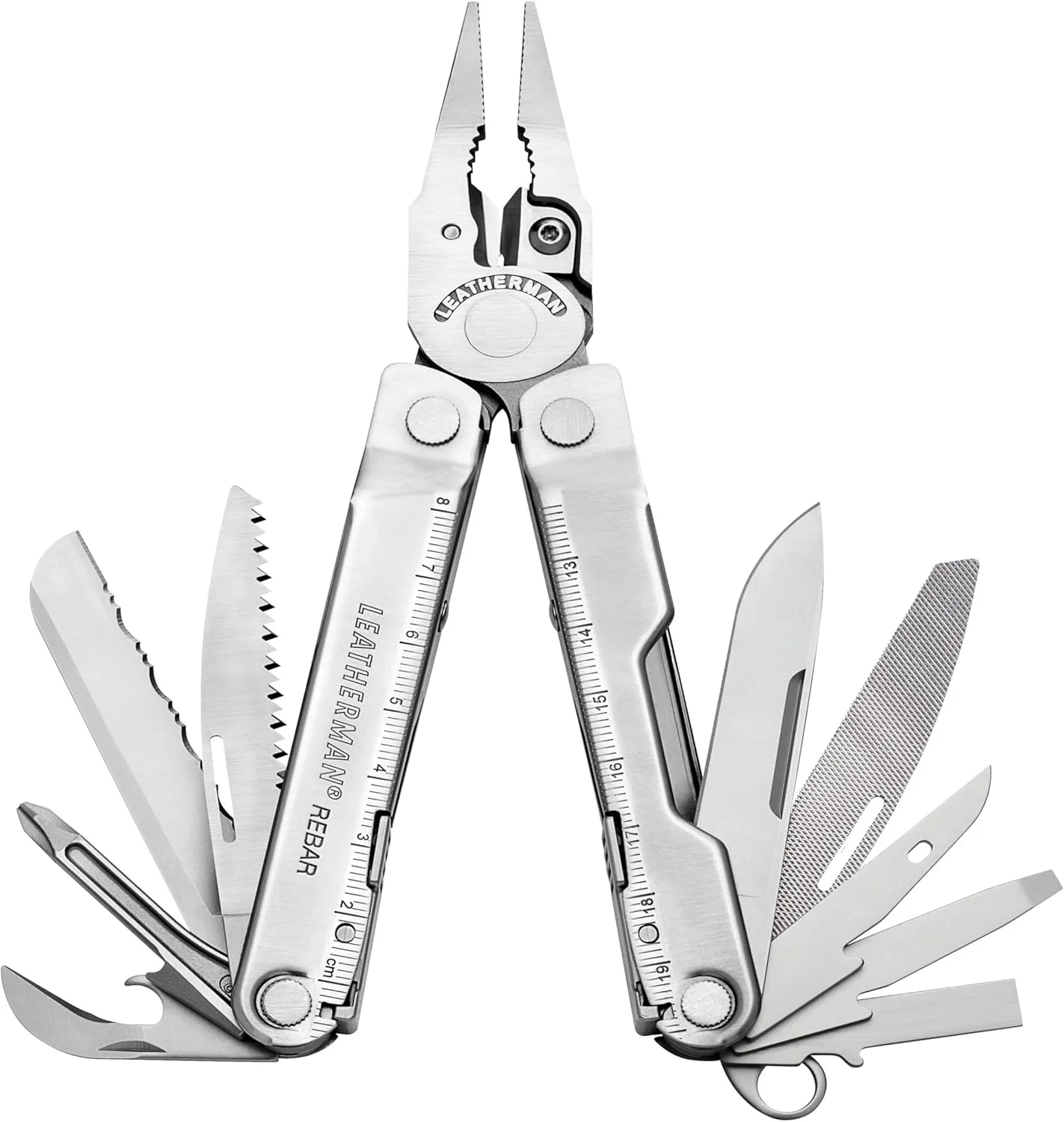 ابزار چندکاره Leatherman Rebar - دارای 17 ابزار قفلشونده داخلی، ابزار چندمنظوره برای کارهای DIY و کمپینگ، ساخته شده از استیل ضد زنگ 100%، به رنگ نقرهای و دارای غلاف نایلونی ابزار چندکاره Leatherman Rebar - دارای 17 ابزار قفلشونده داخلی، ابزار چندمنظوره برای کارهای DIY و کمپینگ، ساخته شده از استیل ضد زنگ 100%، به رنگ نقرهای و دارای غلاف نایلونی