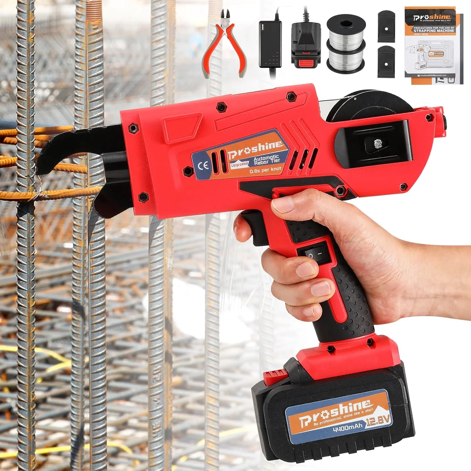 دستگاه گره زن اتوماتیک میلگرد 8 تا 34 میلی متر + باتری قابل شارژ 4400 میلی آمپر + 2 حلقه سیم گره زن میلگرد، دستگاه گره زن میلگرد 0.8 ثانیه در هر گره (قرمز)