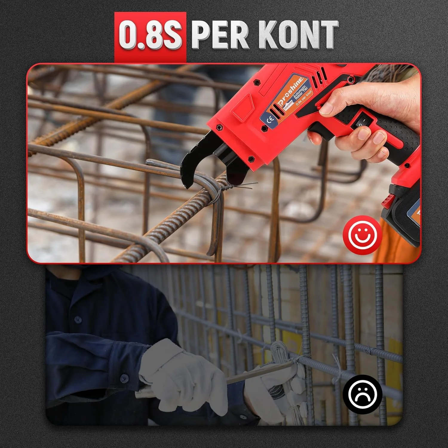 دستگاه گره زن اتوماتیک میلگرد 8 تا 34 میلی متر + باتری قابل شارژ 4400 میلی آمپر + 2 حلقه سیم گره زن میلگرد، دستگاه گره زن میلگرد 0.8 ثانیه در هر گره (قرمز)