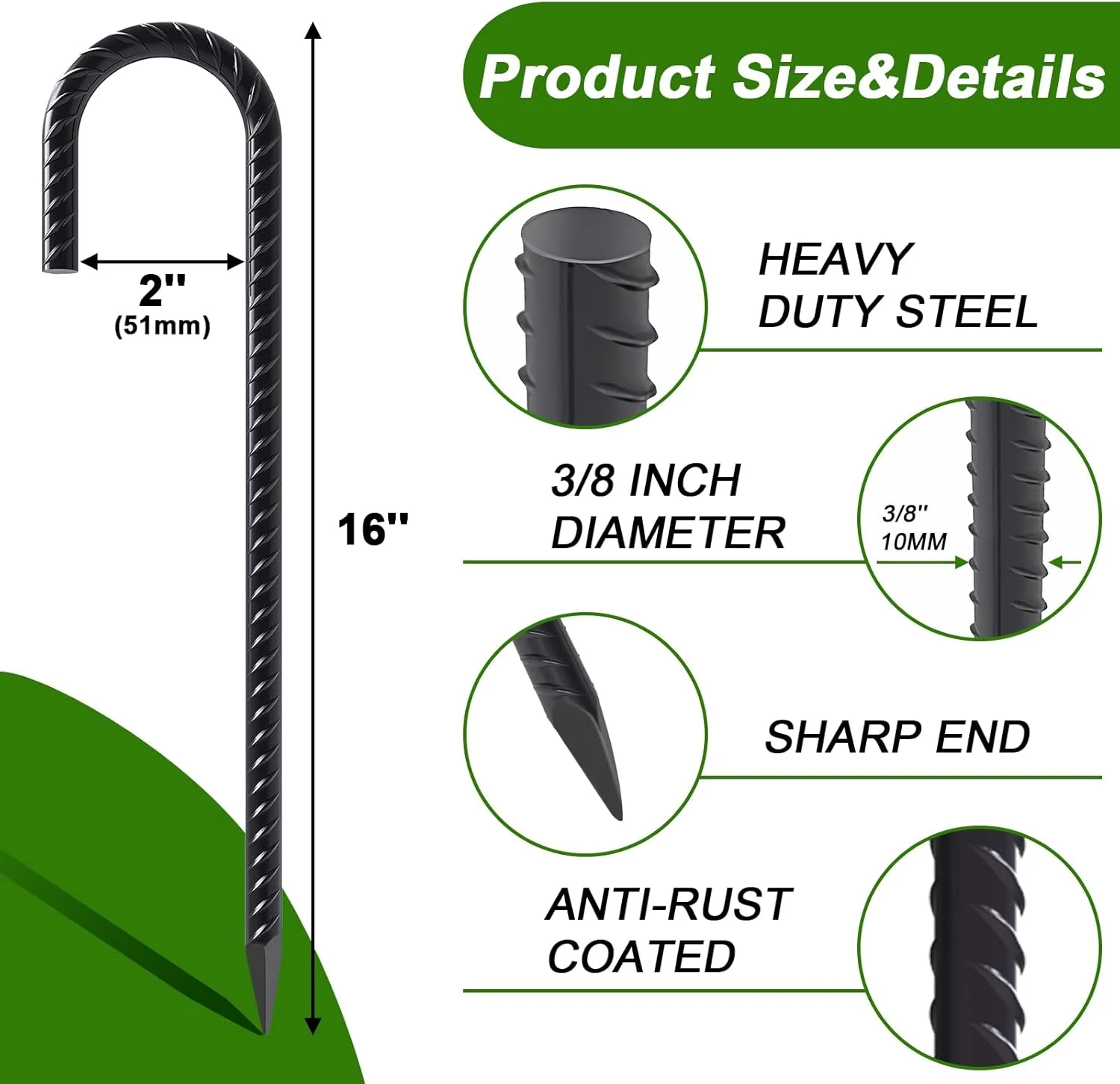 میخ های میلگرد AAGUT، میخ های زمینی فولادی سنگین با قلاب J برای حصار زنجیره ای، مشکی میخ های میلگرد AAGUT، میخ های زمینی فولادی سنگین با قلاب J برای حصار زنجیره ای، مشکی