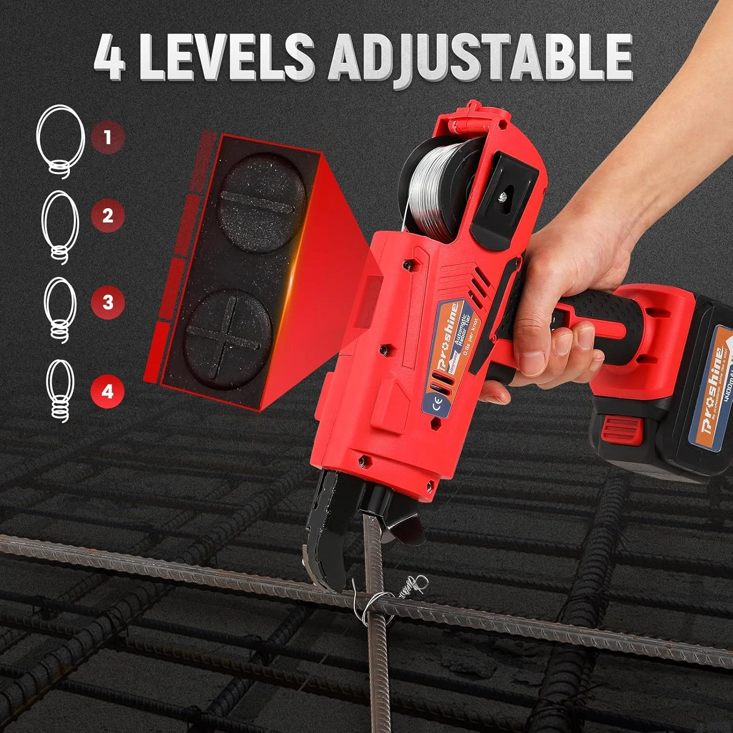 دستگاه گره زن اتوماتیک میلگرد 8 تا 34 میلی متر + باتری قابل شارژ 4400 میلی آمپر + 2 حلقه سیم گره زن میلگرد، دستگاه گره زن میلگرد 0.8 ثانیه در هر گره (قرمز)