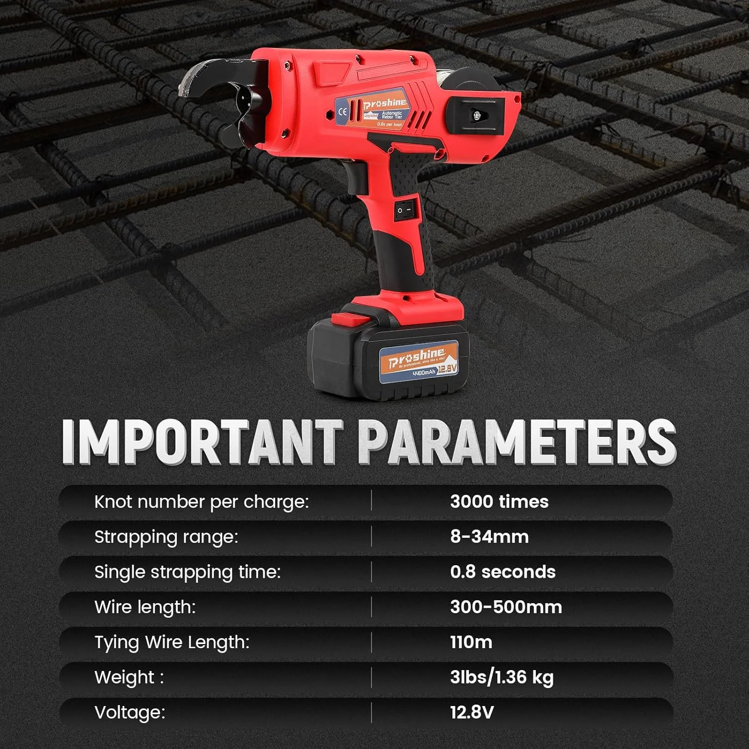 دستگاه گره زن اتوماتیک میلگرد 8 تا 34 میلی متر + باتری قابل شارژ 4400 میلی آمپر + 2 حلقه سیم گره زن میلگرد، دستگاه گره زن میلگرد 0.8 ثانیه در هر گره (قرمز)