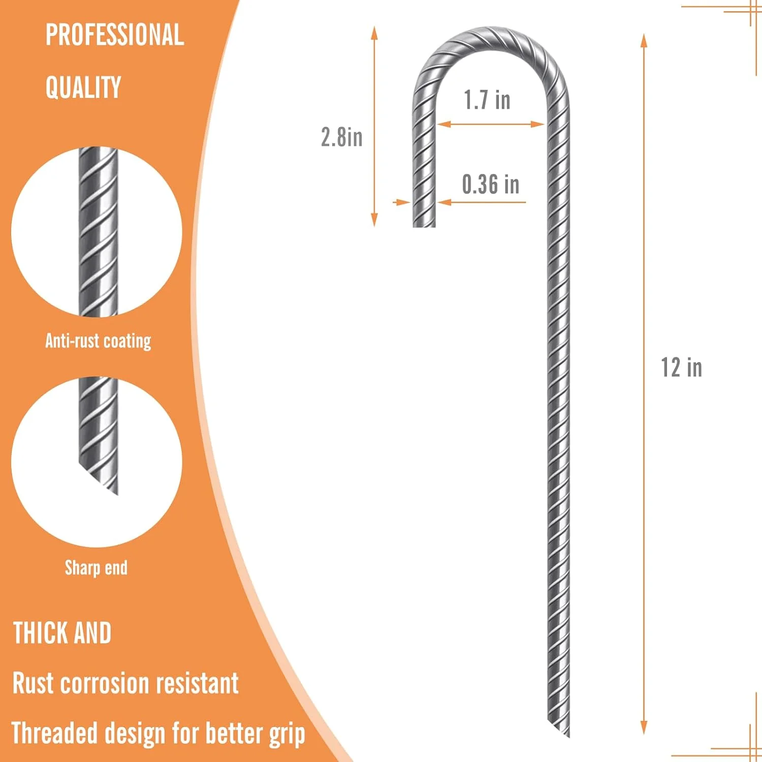 میخ‌های فولادی J شکل 30 سانتی‌متری (بسته 12 عددی) - مهارکننده‌های زمینی فولادی - مهارکننده‌های زمینی با کیفیت حرفه‌ای و مقاوم برای حصار زنجیره‌ای، تورهای ورزشی، کمپینگ، ترامپولین، لوله‌های آبیاری و باغ