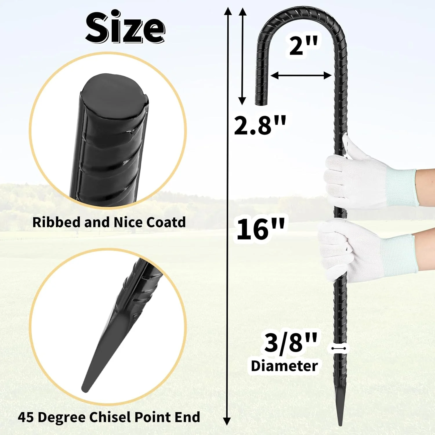 میخ‌های فولادی سنگین ۱۶ اینچی با سر خمیده، بسته‌ی ۲۴ عددی، مناسب برای چادر، لنگرهای زمینی فولادی، میخ‌های فلزی باغ، میخ‌های حصار زنجیره‌ای با پوشش مشکی