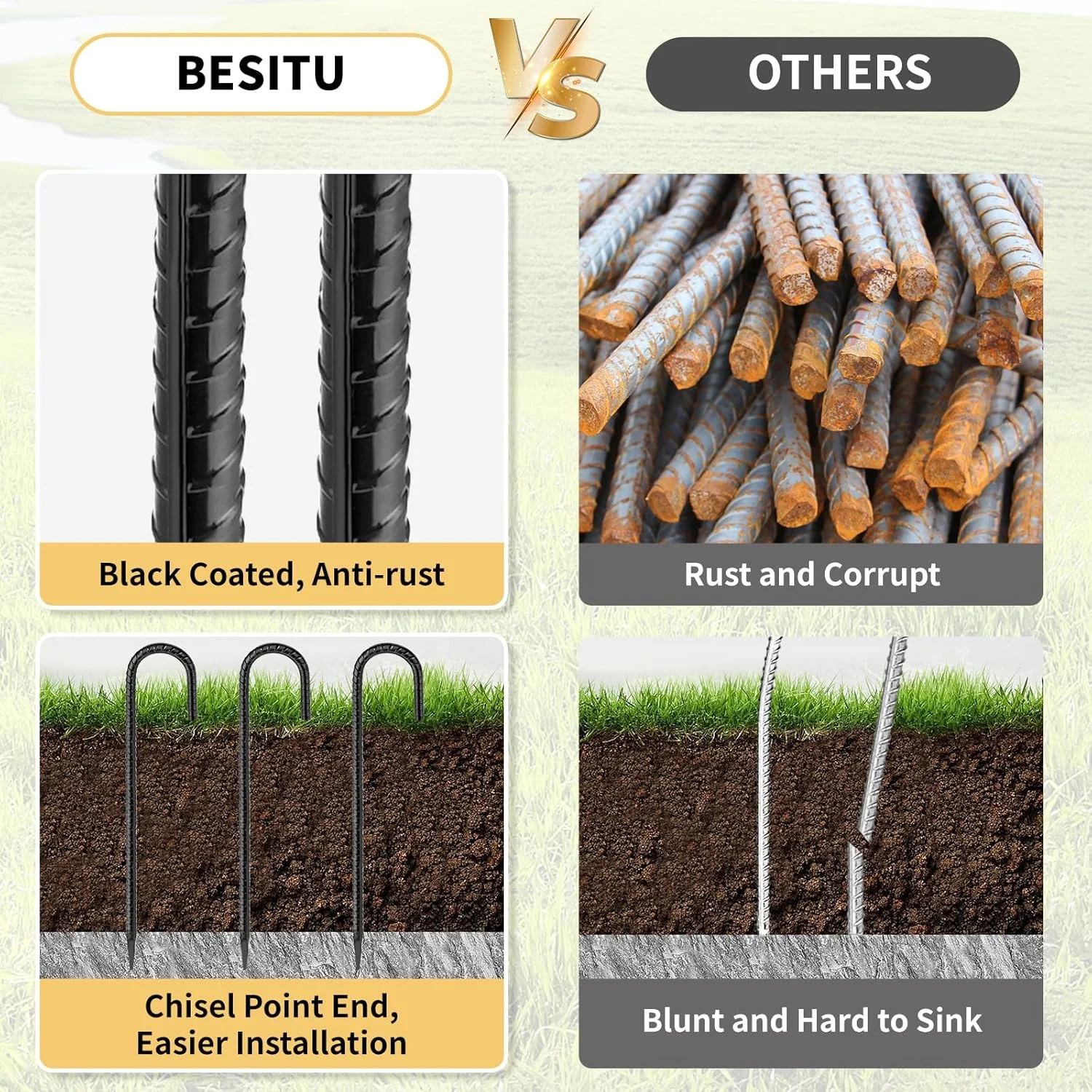 میخ‌های فولادی سنگین ۱۶ اینچی با سر خمیده، بسته‌ی ۲۴ عددی، مناسب برای چادر، لنگرهای زمینی فولادی، میخ‌های فلزی باغ، میخ‌های حصار زنجیره‌ای با پوشش مشکی