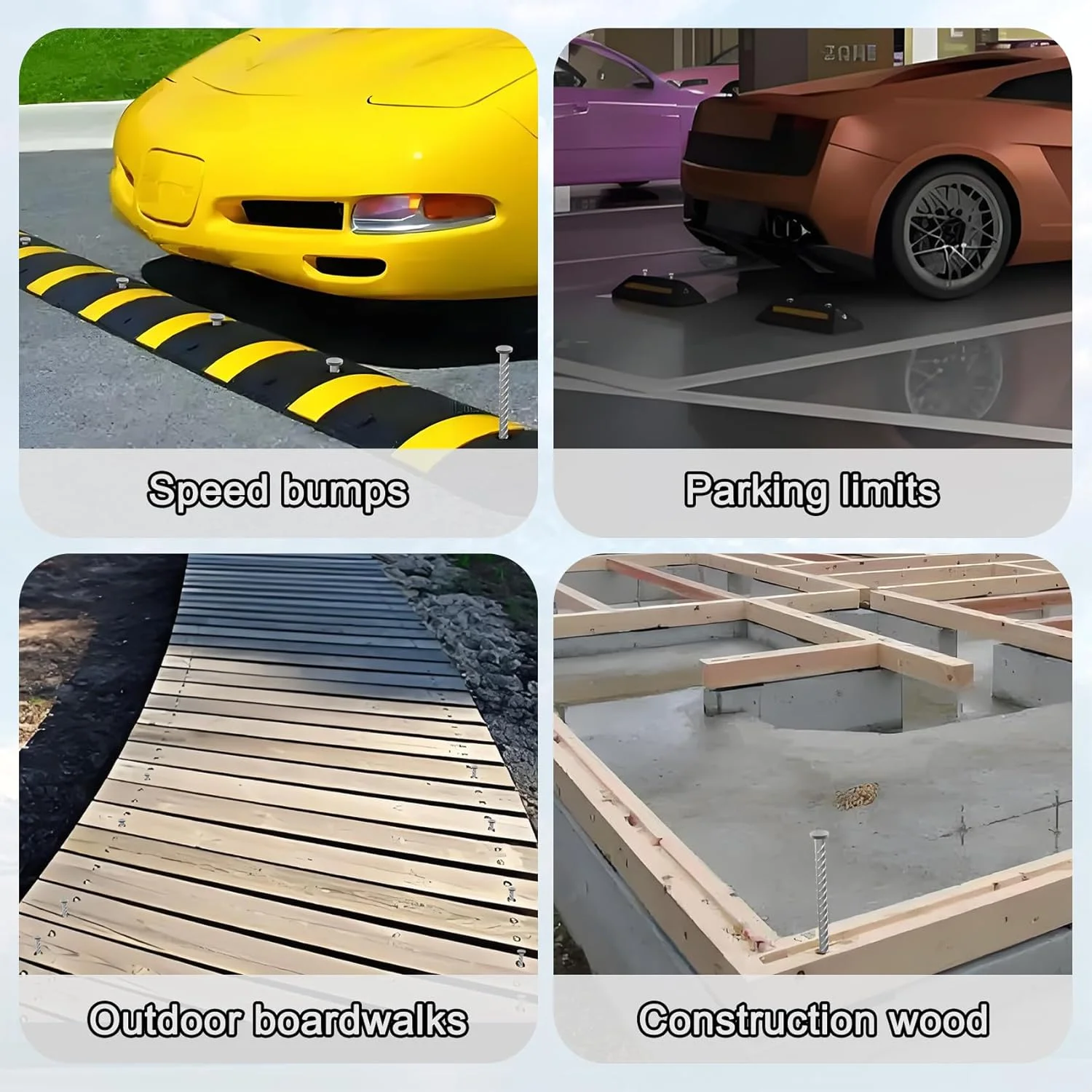 میخ های فولادی 16 اینچی برای لنگر انداختن در آسفالت و خاک (12 عدد)، لنگرهای گالوانیزه 1/2 اینچی برای محوطه سازی سنگین، ایده آل برای سرعت گیرها، رمپ های معلولین، محدودیت های پارکینگ، عرشه ها و برزنت.