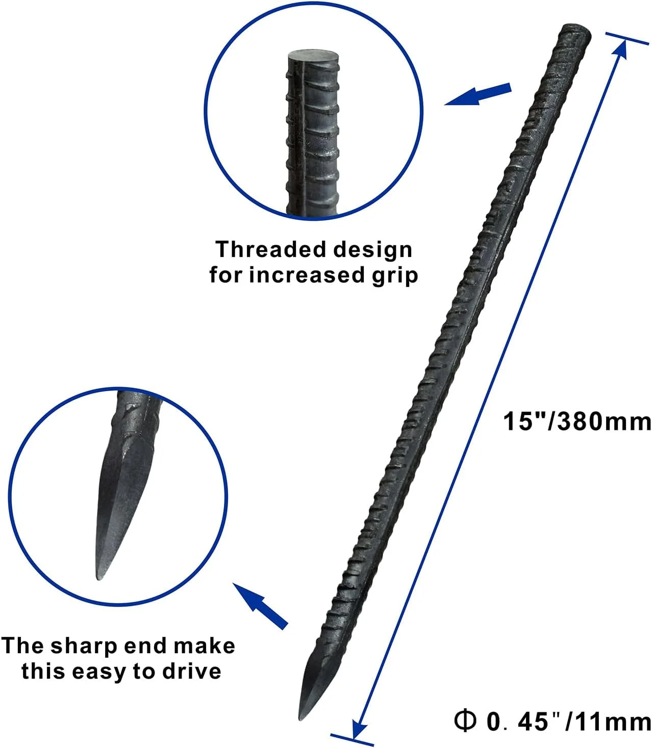 میخ های زمینی 15 اینچی، لنگر زمینی سنگین، پایه های فلزی نگهدارنده گیاهان برای خاک سخت 15 عددی، میخ های فلزی کمپینگ سنگین با نوک تیز، خاک سخت، مشکی