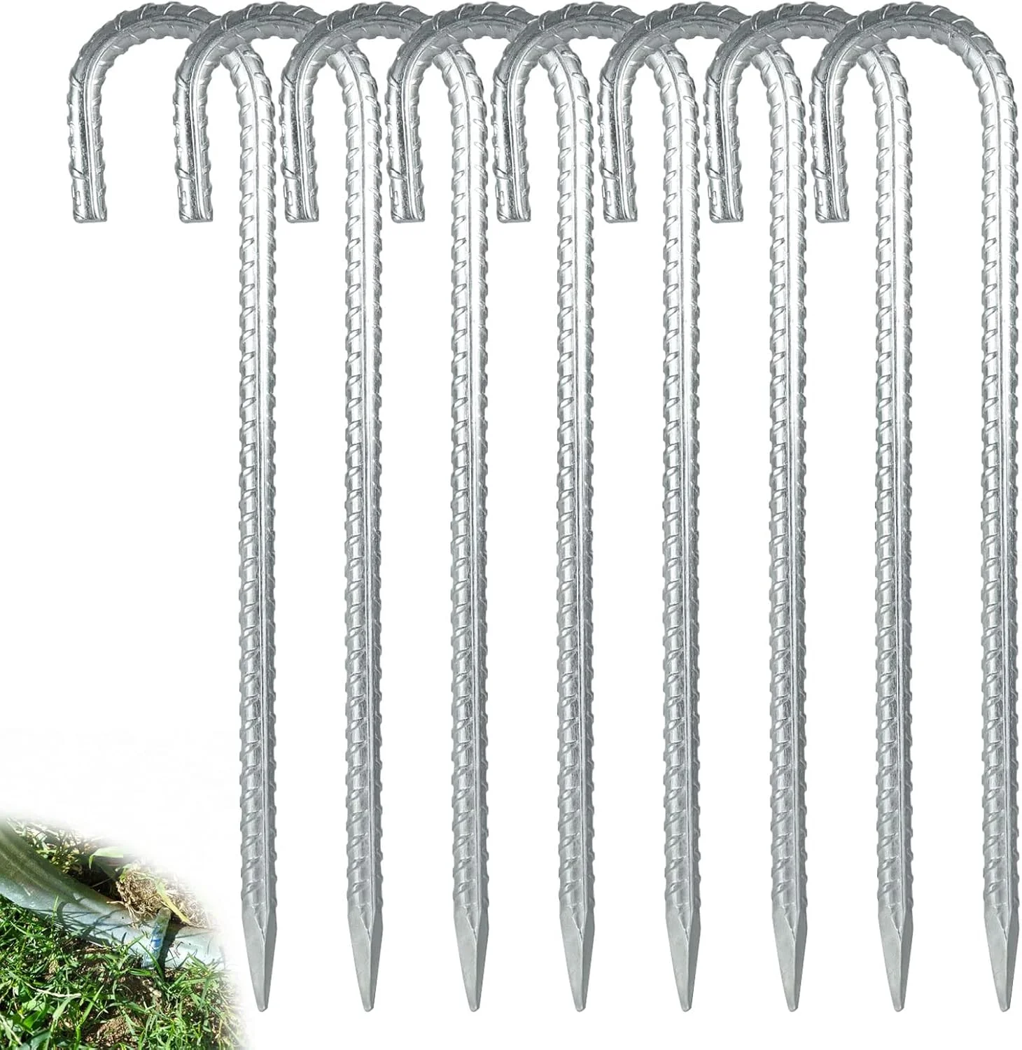 ۸ عدد میخ زمینی ۱۶ اینچی YAYODS، میخ چادر میلگردی گالوانیزه ۱۰ میلی متری با قلاب J، لنگرهای زمینی سنگین با قلاب J برای چادرها، ترامپولین ها و حصارها