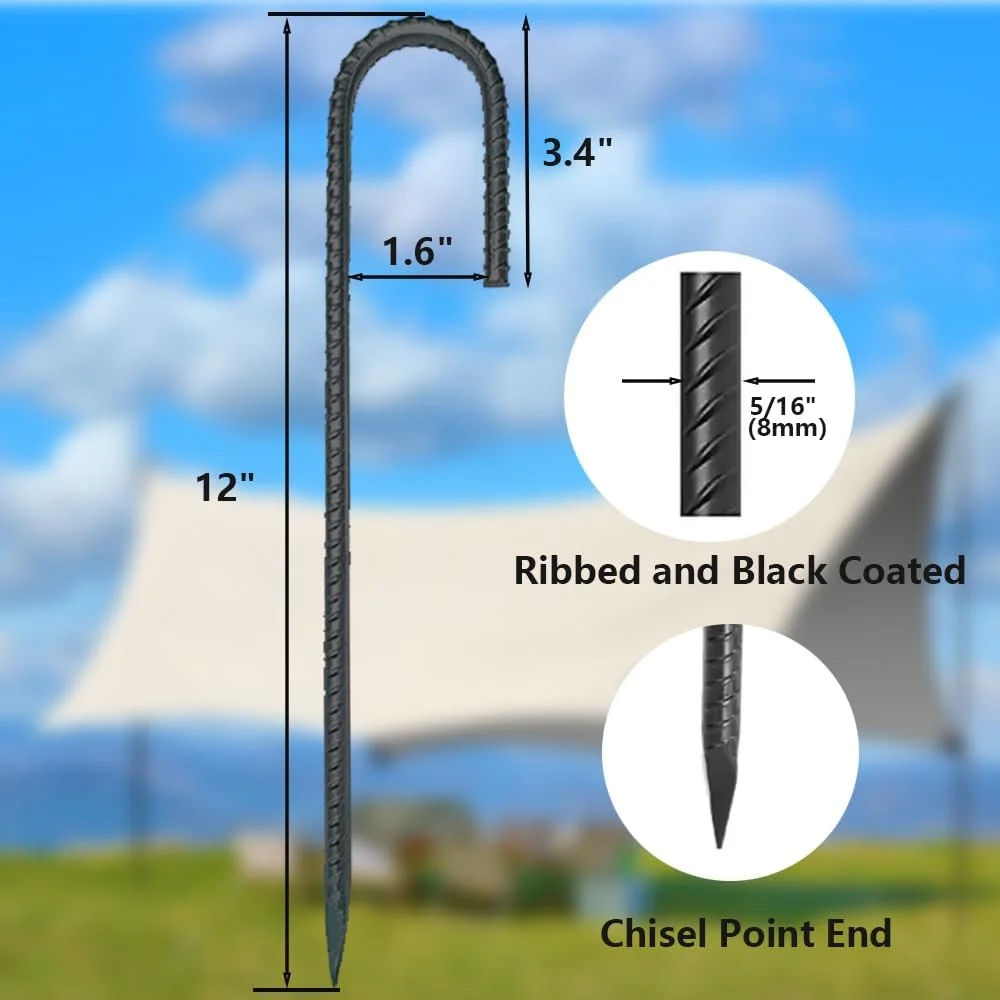 میخ های زمینی میلگردی قلاب J، 30 سانتی متری، بسته 16 عددی، میخ های فلزی چادر برای چادرها، کیت های موقعیت یابی، حصارها و ترامپولین ها (شکل J، 30 سانتی متری - مشکی)