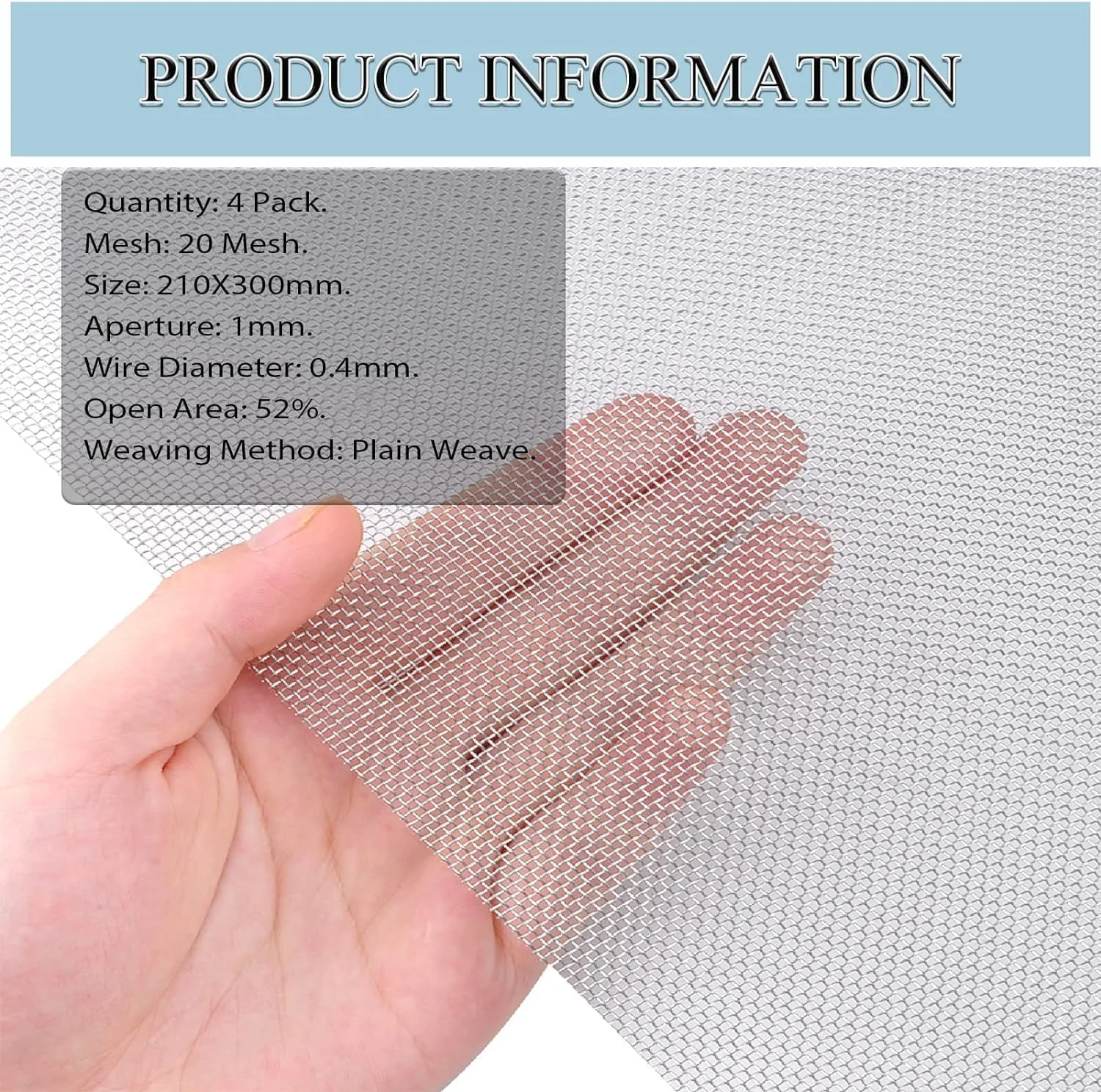 توری فلزی استیل 304، بسته 4 عددی، چشمه 1 میلی‌متر، ضد زنگ، چند منظوره، مناسب برای پنجره، آشپزخانه یا حمام، 210mm×300mm