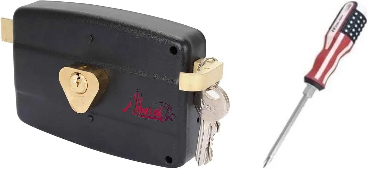 قفل سیلندری روکار عباسعلی برای ایمنی بیشتر خانه | زبانه برنجی با 3 کلید و قفل شب بند داخلی برای درب ها | ایده آل برای درب های چوبی یا دروازه های ساختمان های بیرونی (مشکی)