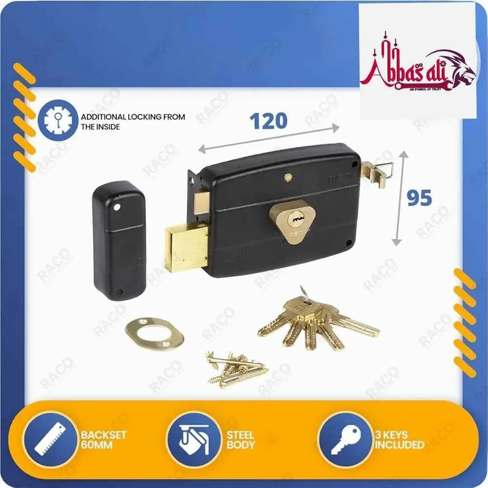 قفل سیلندری روکار عباسعلی برای ایمنی بیشتر خانه | زبانه برنجی با 3 کلید و قفل شب بند داخلی برای درب ها | ایده آل برای درب های چوبی یا دروازه های ساختمان های بیرونی (مشکی)
