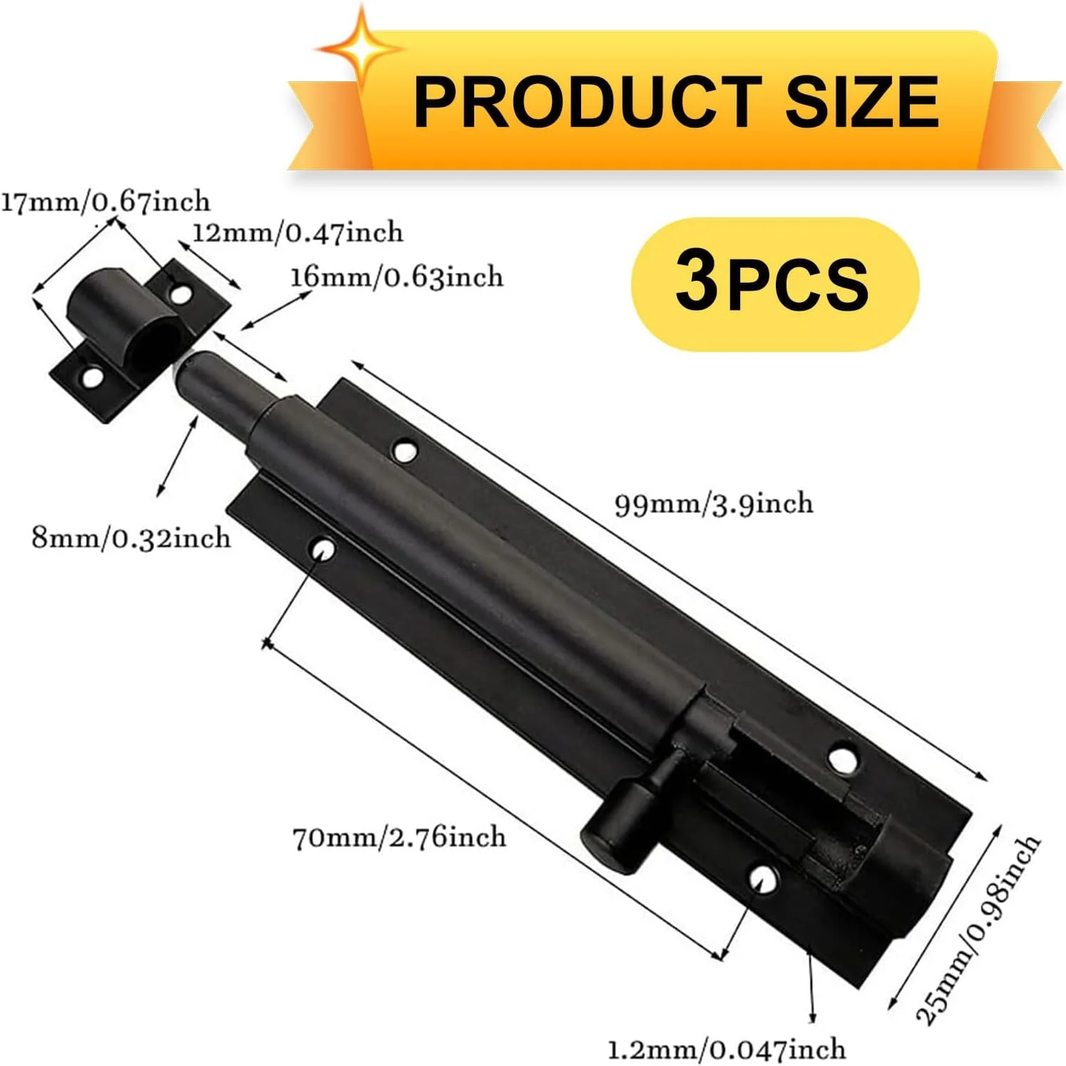 قفل زبانه کشویی سنگین 3 عددی - قفل درب 4 اینچی با روکش نیکل، قفل درب کشویی، قفل امنیتی برای سوله، دروازه، درب های داخلی و حمام (مشکی)