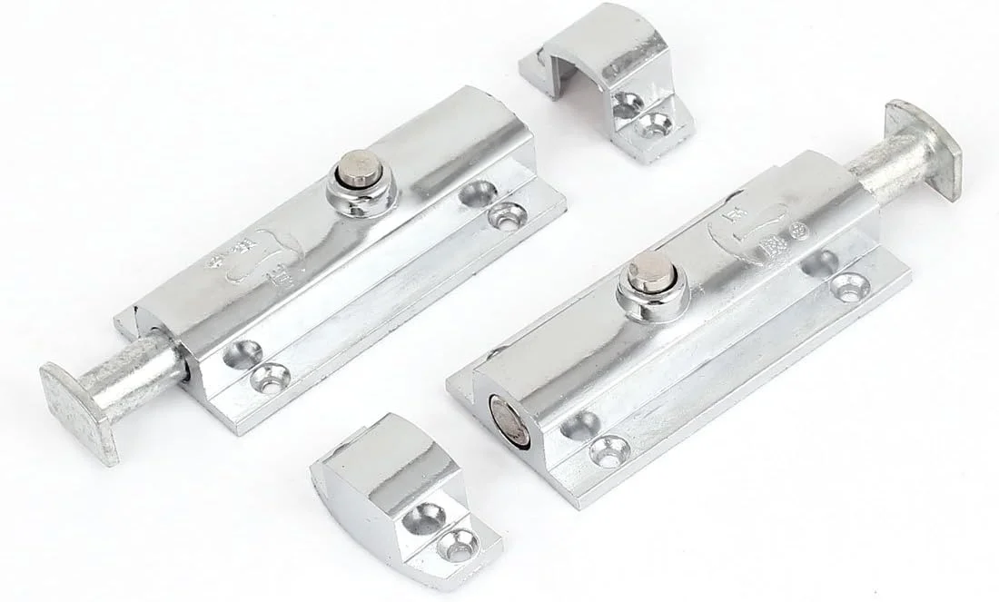 دو عدد قفل زبانه ای درب با طراحی دکمه فشاری گرد، اتصال دهنده، رنگ نقره ای، 8 سانتی متر طول