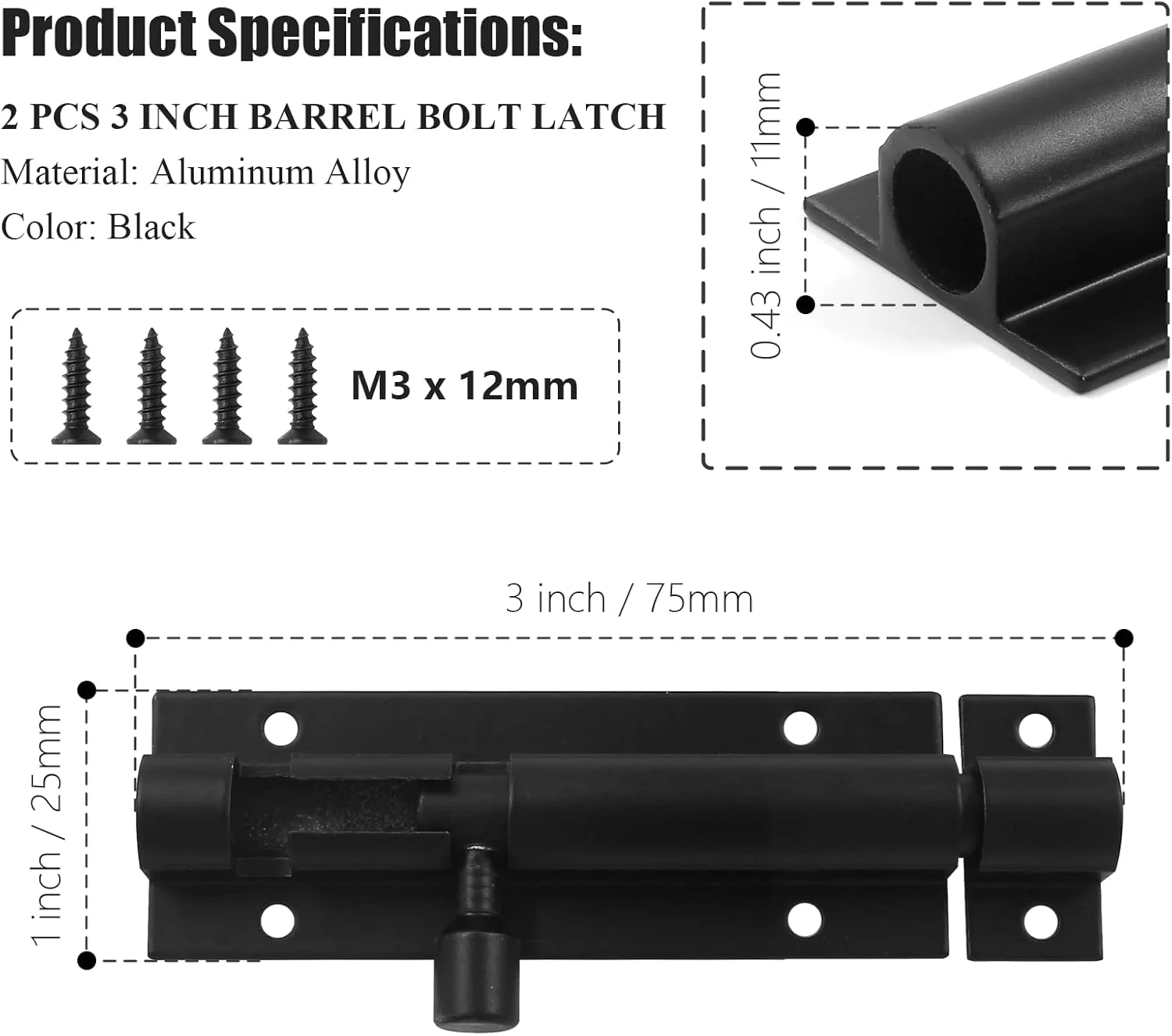 دو عدد قفل زبانه ای بشکه ای 3 اینچی، قفل سخت افزاری درب مشکی، قفل کشویی کوچک (ضخامت 1.3 میلی متر)