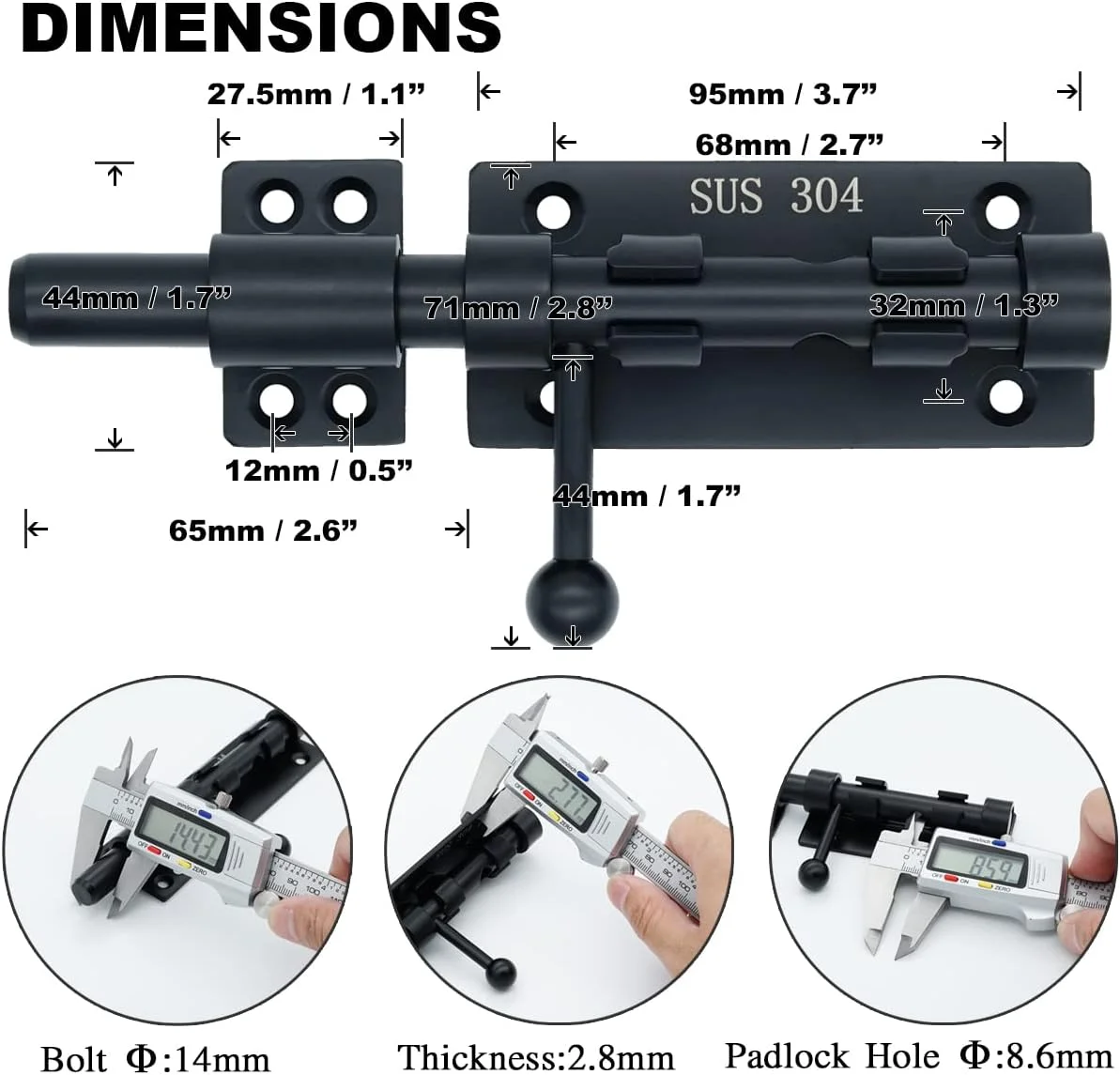 قفل زبانه بشکه ای درب XXW با سوراخ قفل آویز، قفل درب کشویی استیل ضخیم شده، 6 اینچ مشکی، بسته 2 عددی، 216BB-BL-2