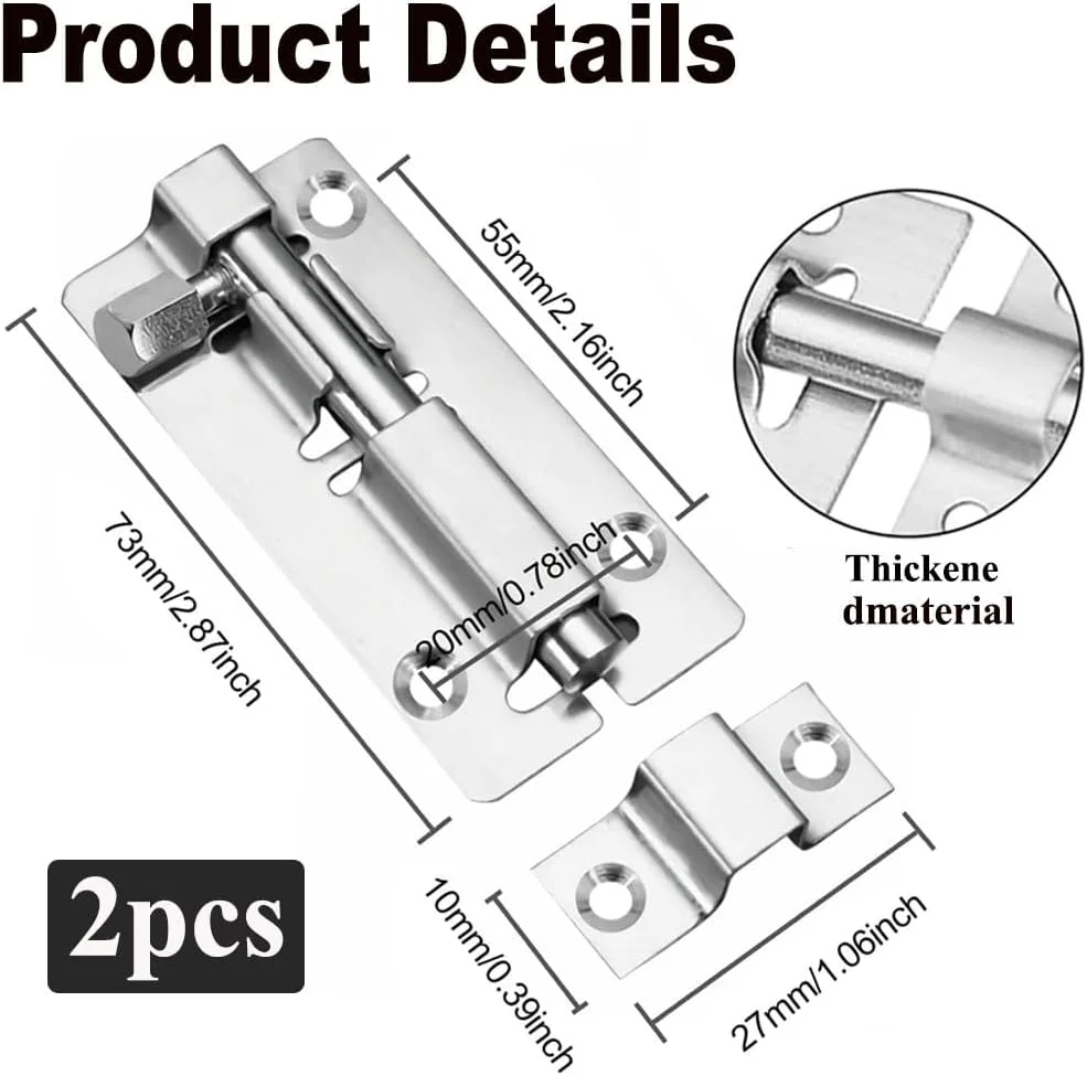 قفل درب 2 عددی 3 اینچی، زبانه درب، قفل درب اتاق خواب، میله درب، زبانه میله درب، میله قفل درب، میله های درب سنگین با 12 پیچ، قفل درب برای حمام، اتاق خواب، توالت، سوله، دوش