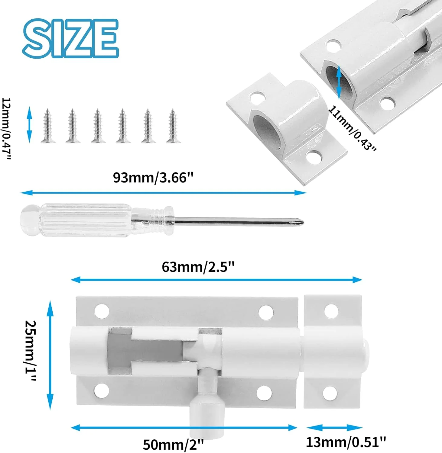 قفل زبانه کشویی 6 عددی Biaungdo، قفل کشویی درب بشکه ای کوچک 2 اینچی، قفل کشویی درب آلیاژ آلومینیوم با پیچ و پیچ گوشتی (سفید)