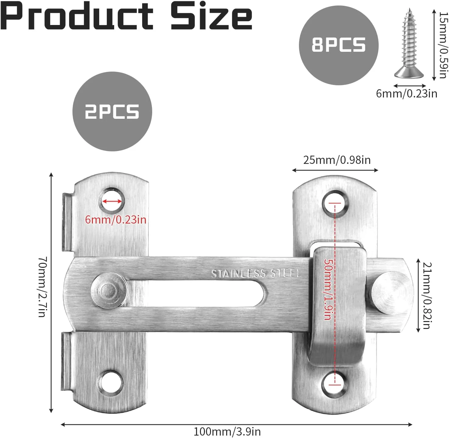 قفل درب 2 عددی، قفل درب انبار با پیچ، قفل میله ای استیل ضد زنگ، قفل کشویی چرخشی، قفل درب ایمنی (قفل بولت) برای نمای بیرونی، پنجره ها، درها، درهای کمد، سوله ها (نقره ای، 180 درجه)