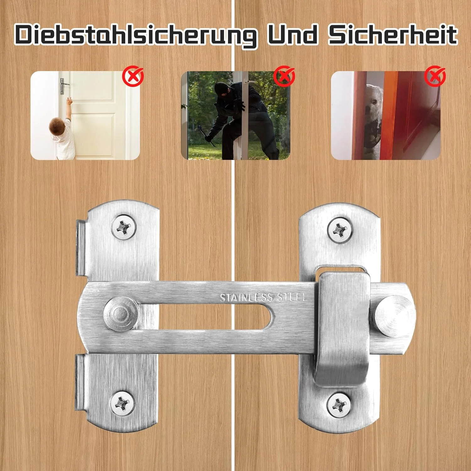 قفل درب 2 عددی، قفل درب انبار با پیچ، قفل میله ای استیل ضد زنگ، قفل کشویی چرخشی، قفل درب ایمنی (قفل بولت) برای نمای بیرونی، پنجره ها، درها، درهای کمد، سوله ها (نقره ای، 180 درجه)