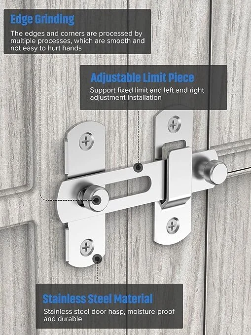 قفل سخت افزاری درب Bitnex، قفل درب کشویی انبار 180 درجه برای حفظ حریم خصوصی، قفل درب استیل ضد زنگ، قفل ایمنی درب، مناسب برای کابینت، حمام، پنجره، فضای باز (نقره ای، 2 عدد)