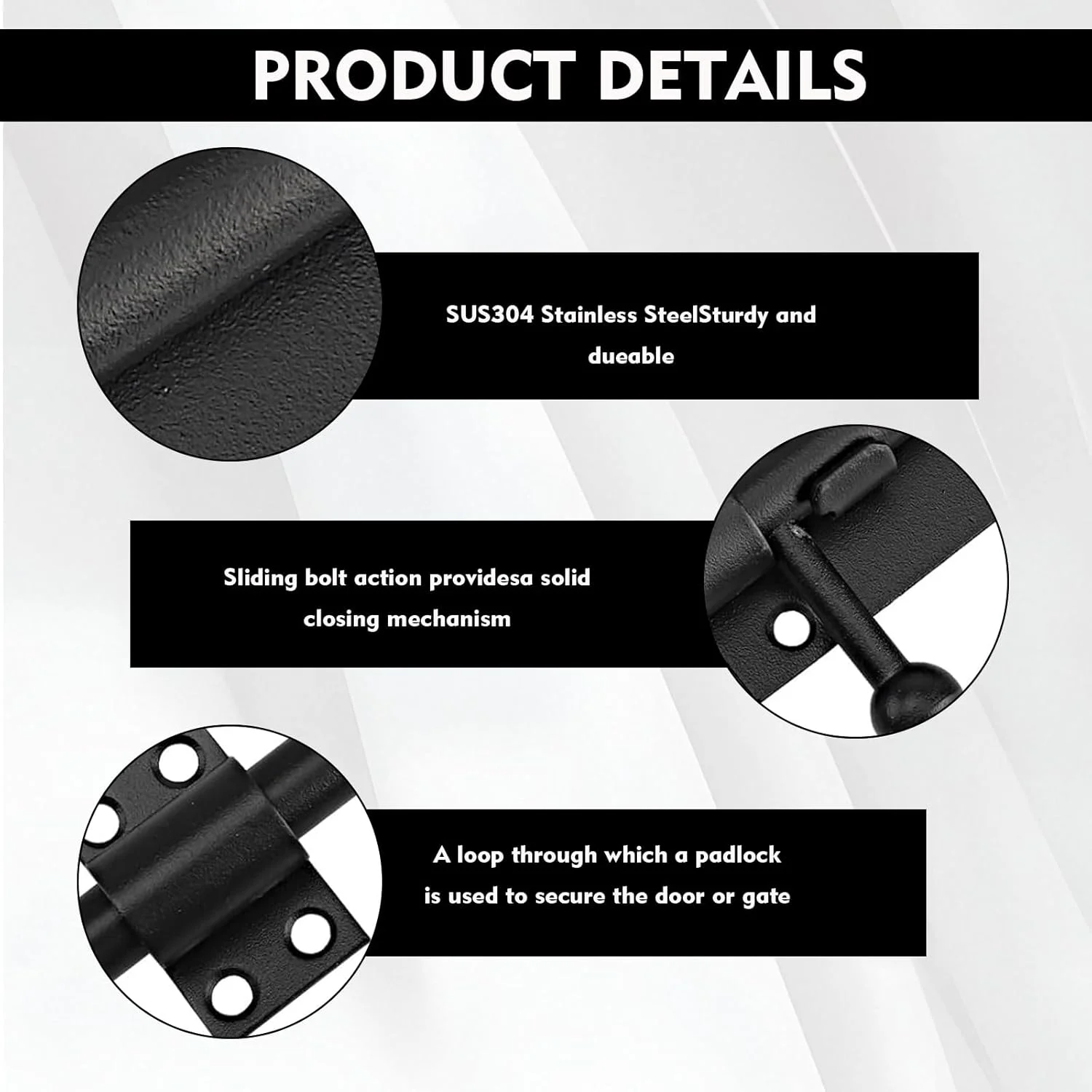 ۱ عدد قفل زبانه درب استیل ضد زنگ مشکی، قفل کشویی استیل ضد زنگ، قفل درب، مناسب برای خانه، انبار، حصار، سوله، زیرزمین، کلبه